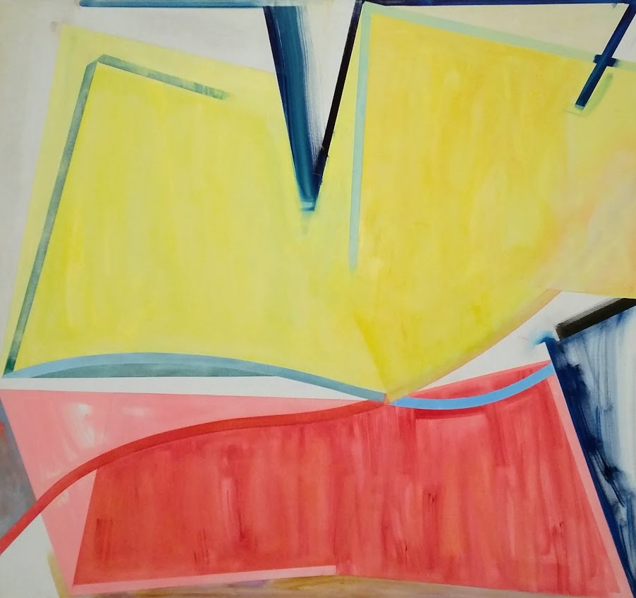 Abstract composition featuring large geometric shapes in bright yellow, red, and blue tones, with curved and angular forms intersecting across the canvas. Soft brushwork and layered color create a sense of movement and spatial depth against a neutral background.