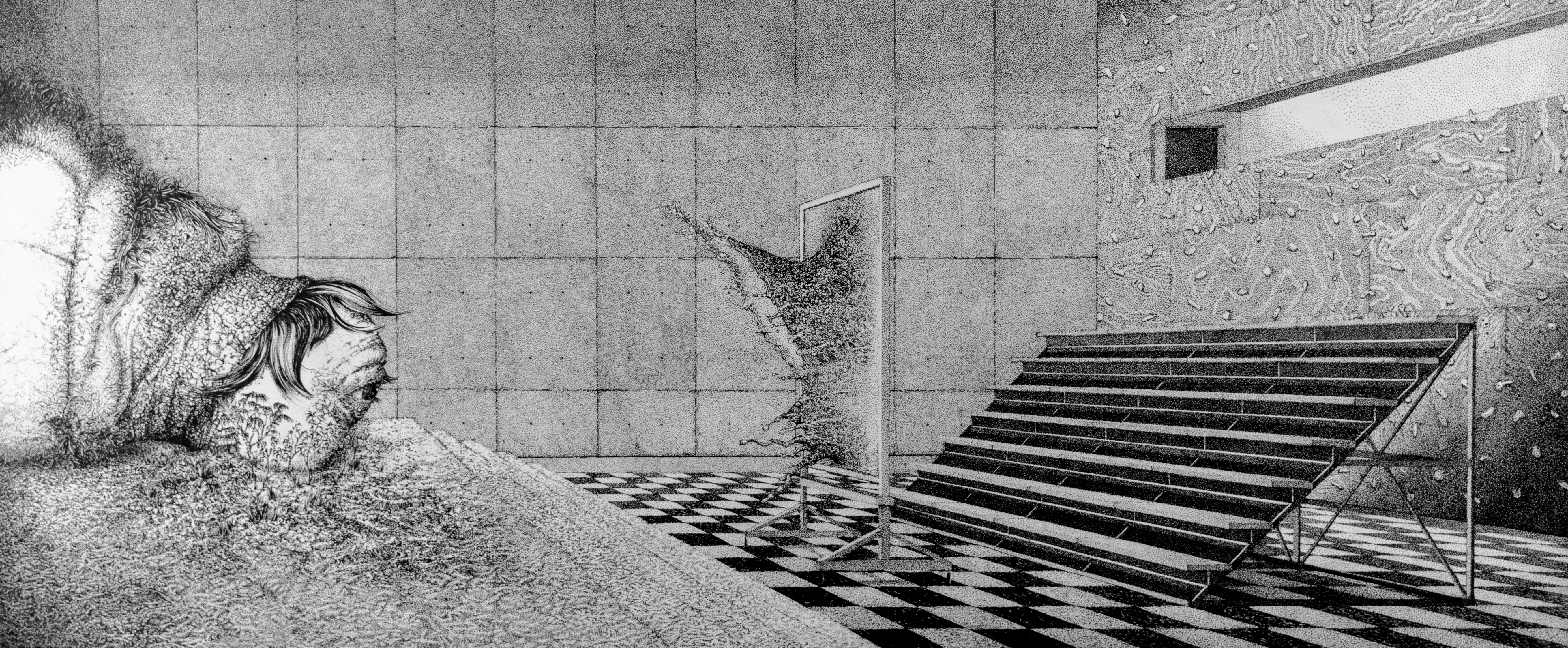 A detailed black and white ink drawing depicting a monumental classical head in profile on the left side of a stark architectural interior. The figure's textured face gazes toward a geometric space featuring a checkered floor pattern and a broad staircase receding into the distance. The composition combines classical sculpture with modernist architectural elements, rendered in intricate stippled and linear ink techniques.