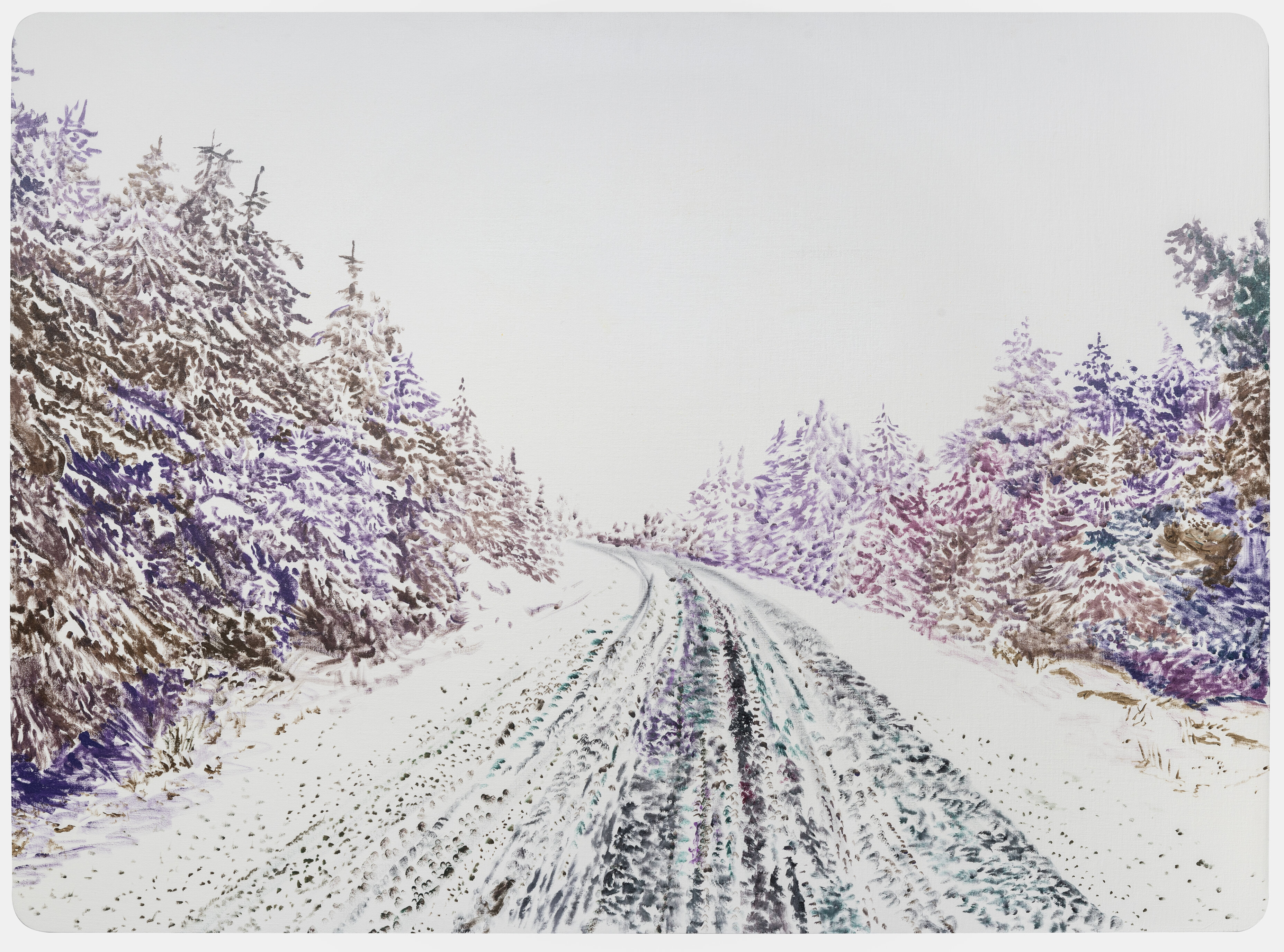 A snow-covered road stretches into the distance, flanked by coniferous trees heavily laden with snow on both sides. The perspective draws the viewer down the center of the road, which shows tire tracks and footprints marking the white surface. The sky above is overcast and pale, and the trees create a symmetrical frame of muted purples, browns, and whites.