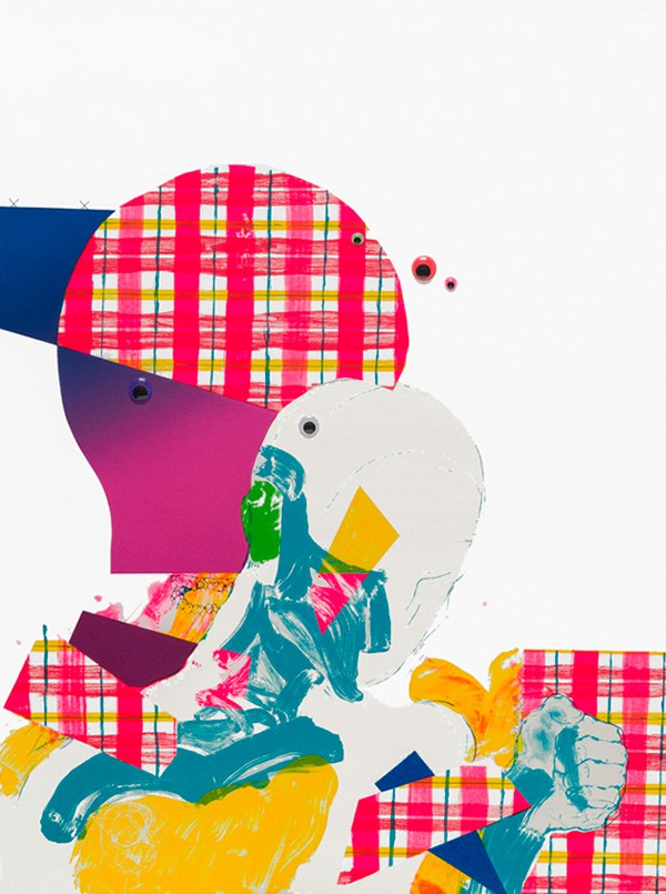 Abstract collage artwork featuring overlapping silhouettes of human figures in vibrant colors including teal, magenta, yellow, and white, layered with red and white plaid patterned paper strips. Plastic googly eyes are affixed throughout the composition, which combines painted, printed, and sewn textile elements creating a dynamic, playful mixed-media piece.