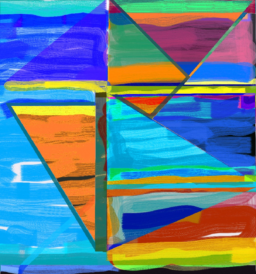Vibrant abstract composition featuring intersecting geometric shapes in bold primary colors—blues, oranges, yellows, and greens—with horizontal and diagonal lines creating a fragmented, layered effect. Brushstroke textures and areas of transparency suggest depth and movement across the composition.
