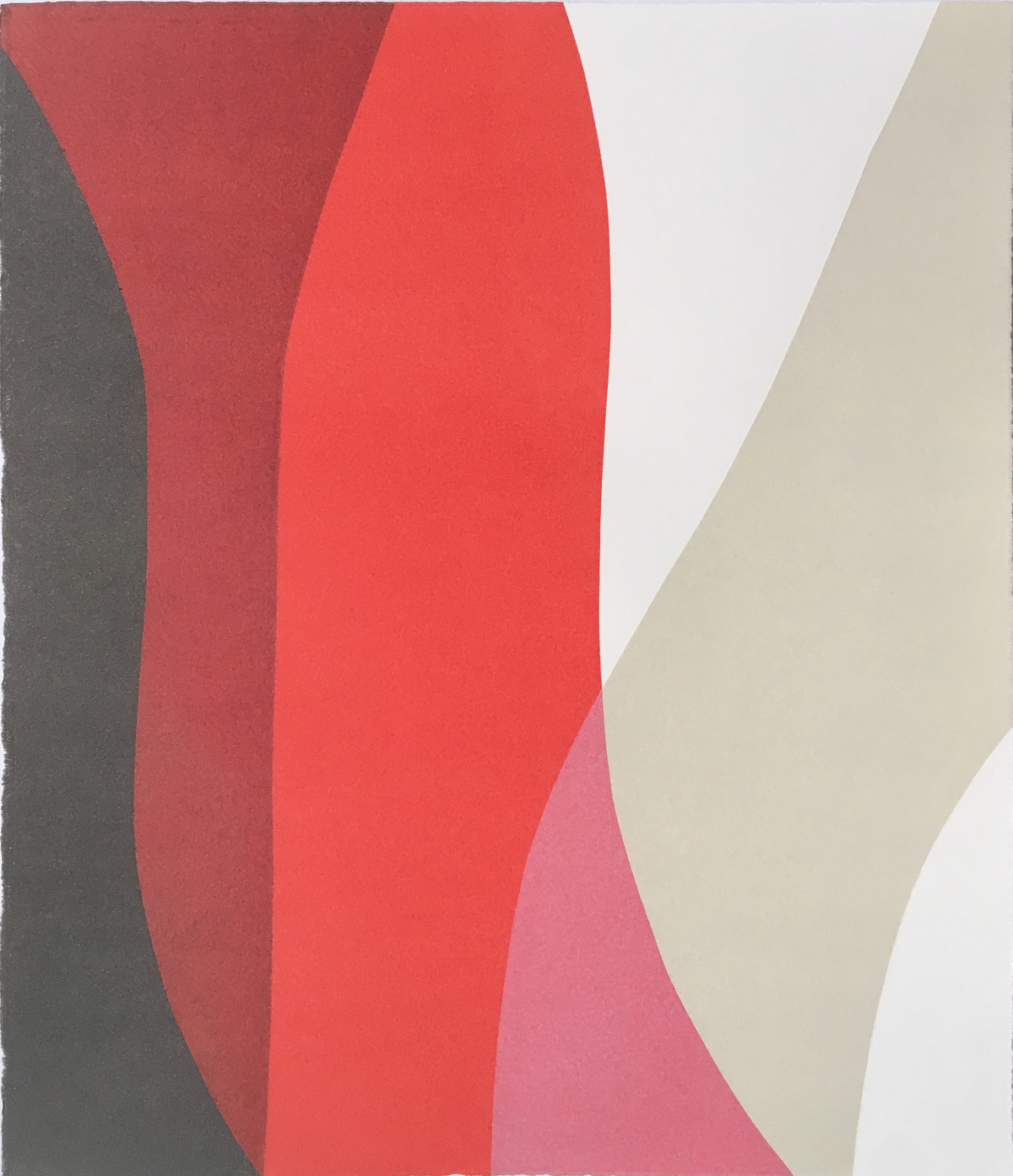 Abstract relief print featuring overlapping curved forms in shades of red, coral, mauve, and cream, with dark gray and light gray accents, creating a sense of depth and movement against a neutral background.