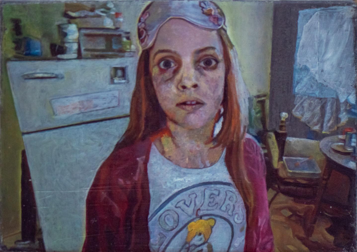 Portrait of a person with reddish hair and blue headband, wearing a maroon cardigan over a graphic t-shirt, positioned against a domestic kitchen interior. The painting employs muted, desaturated colors and a slightly degraded visual quality reminiscent of digital video compression.