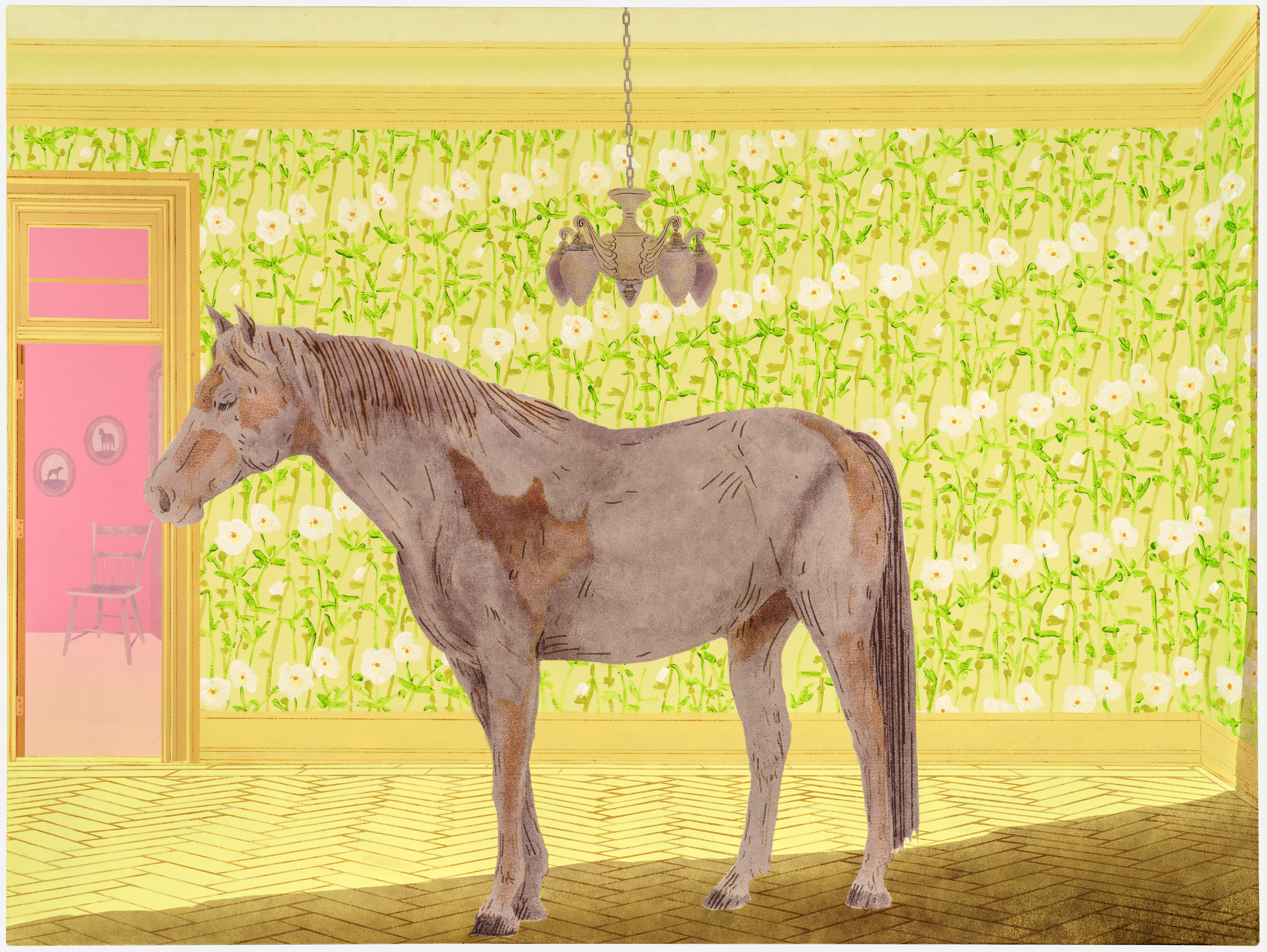 A gaunt horse stands in profile within an ornate yellow room, its ribs and skeletal frame prominently visible. The walls are covered in a vibrant green and white floral wallpaper pattern, framed by golden molding, while a pink doorway and decorative chandelier complete the surreal domestic interior.