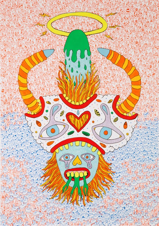 A vibrant, symmetrical composition featuring a stacked totem-like figure with a glowing yellow halo at the top. The vertically-arranged elements include a dripping green form, flaming orange and yellow sections, ornate faces with large eyes and heart motifs rendered in white and blue, and a bottom face with orange hair and green teeth. The figure is set against a textured background split between coral pink and light blue, rendered in ink and gouache with bold outlines and decorative patterning throughout.