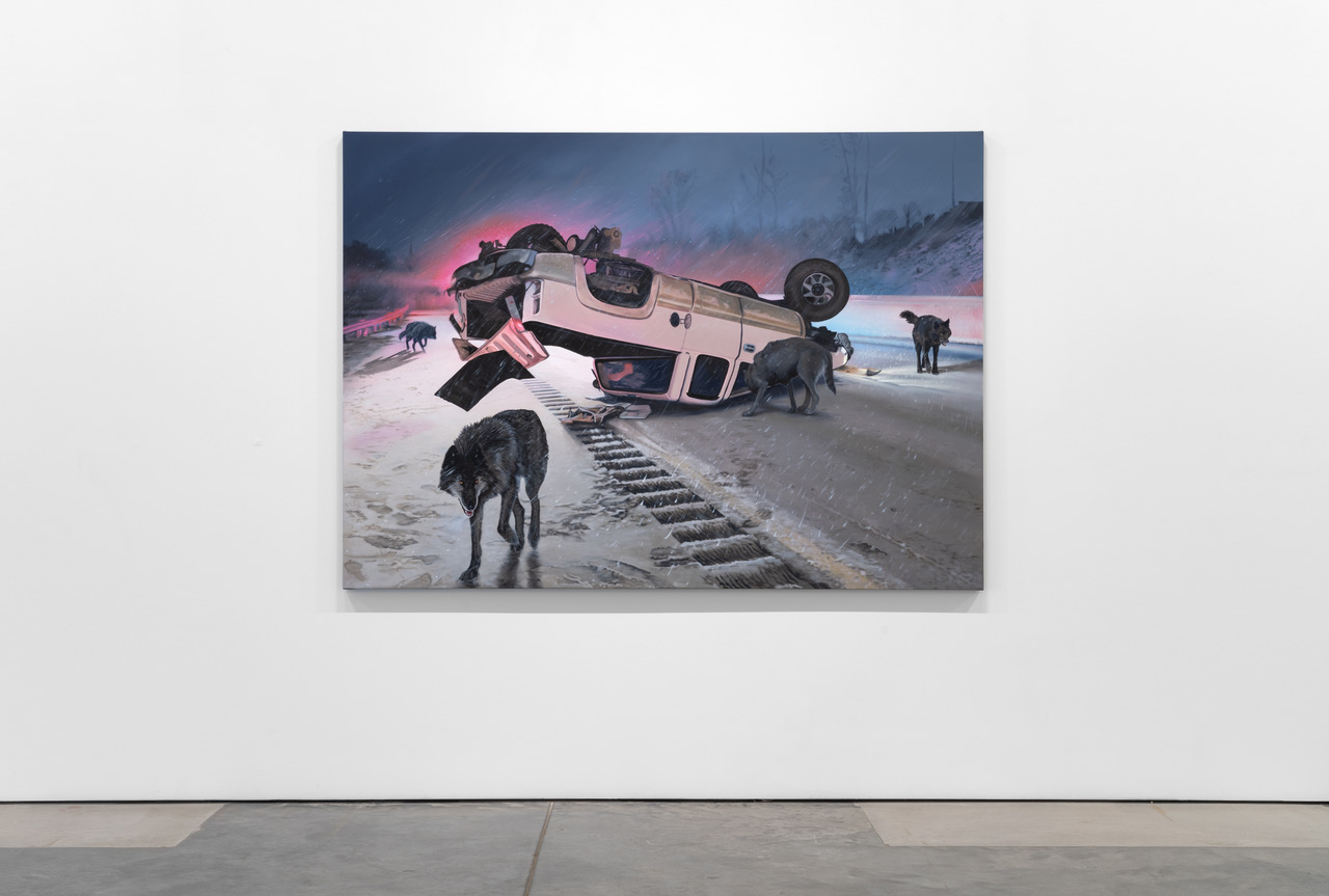 A surreal beach scene depicts a overturned pink car surrounded by dark wolves at sunset, with a dramatic pink and purple sky. The composition uses layered painting techniques to create a sense of fractured reality and foreboding atmosphere.