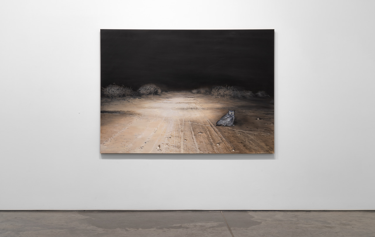 A nocturnal landscape painting depicting an owl perched on a sandy road illuminated by artificial light, with dark shrubland silhouetted against a black sky. Tire tracks mark the pale ground, creating geometric lines leading toward the solitary bird in this sparse, foreboding wilderness scene.