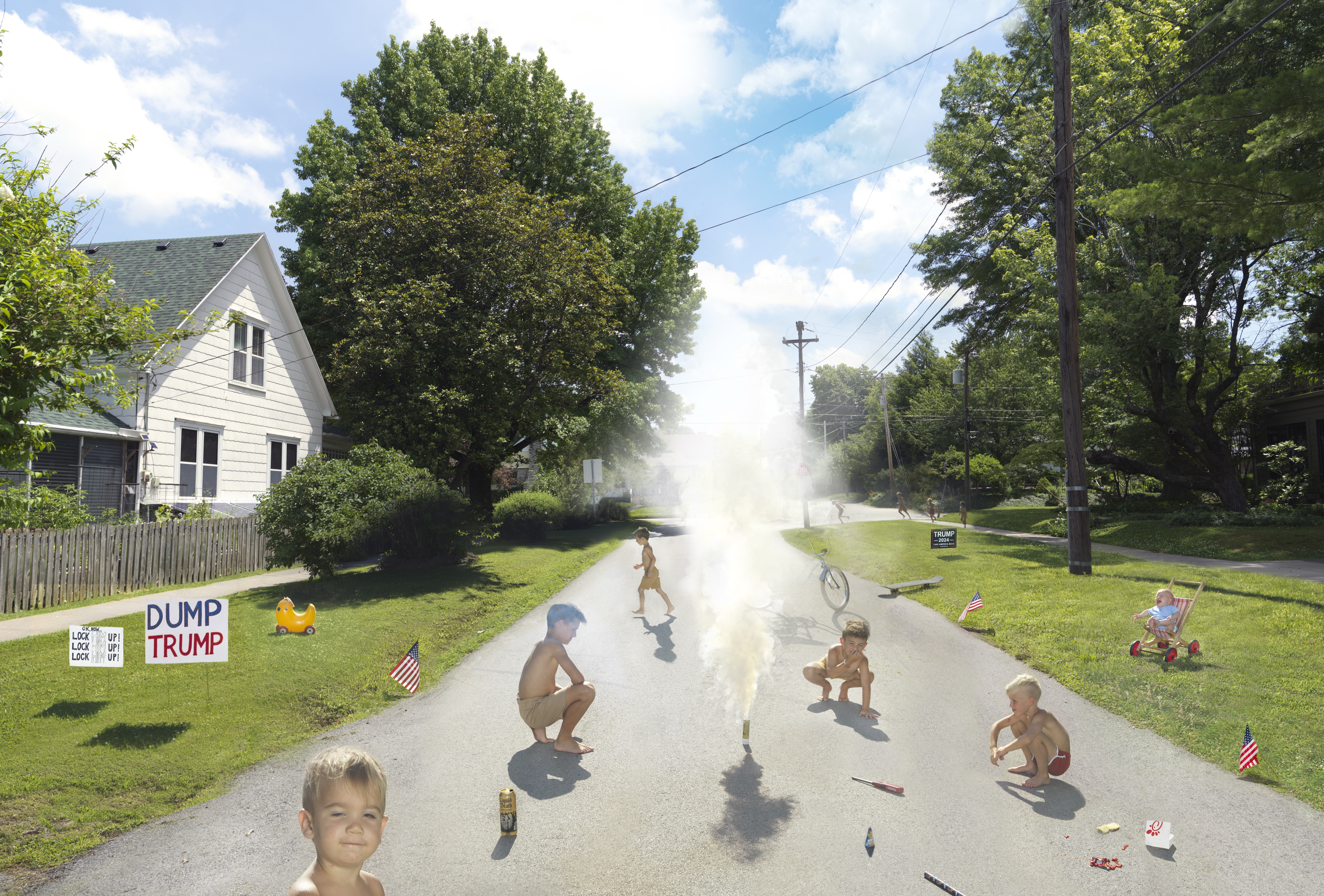 A suburban street scene depicts children playing among smoke and fire, with a white house, utility pole, and manicured lawns flanking the road. Political signage reading "DUMP TRUMP" appears on the left yard, while American flags are scattered throughout the composition, creating a surreal juxtaposition of domestic innocence and chaos.