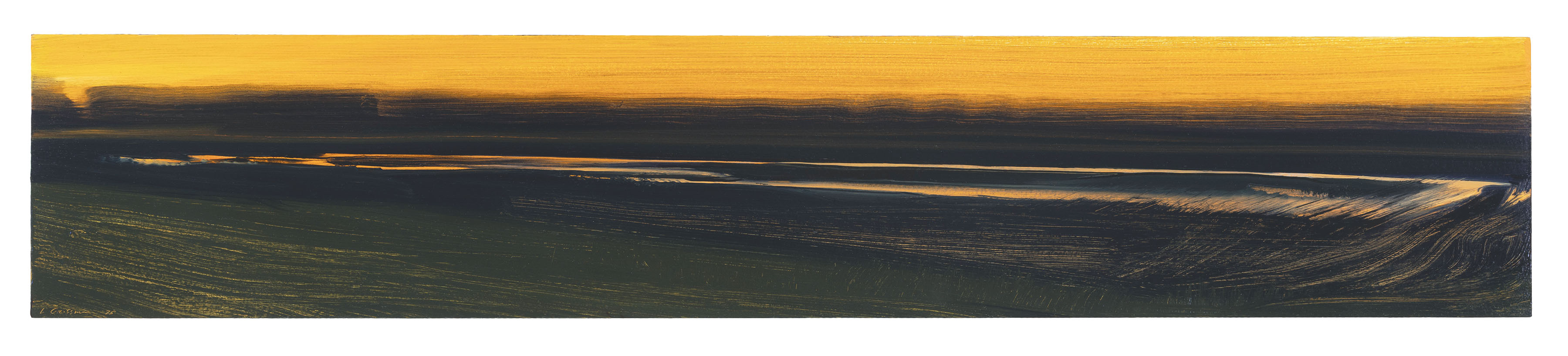 Horizontal oil painting depicting a vast landscape at dusk with golden sky above dark rolling terrain. Sweeping brushstrokes in deep greens, blacks, and browns create layered hills receding into the distance, with warm ochre light breaking through stormy clouds along the horizon.