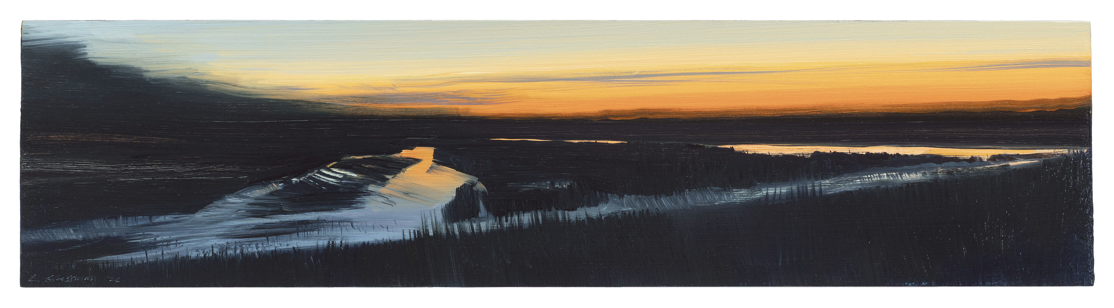 A panoramic landscape painting depicting a twilight scene over a vast forested valley with winding rivers catching golden-orange light from the setting sun. Dark evergreen forests frame the composition while patches of snow and water reflect the warm sky, creating a stark contrast between the illuminated waterways and the shadowed wilderness below.