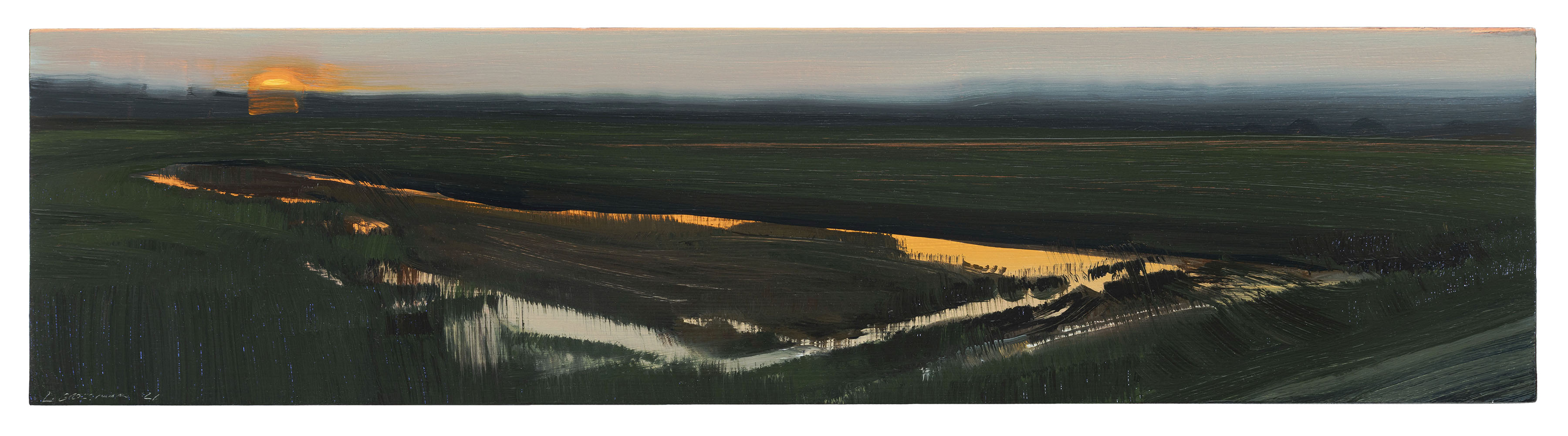 A panoramic oil painting depicting a vast floodplain landscape at dusk, with a meandering river catching golden light against dark green fields. The composition stretches horizontally, showing the sun low on the horizon and illuminated cliff faces or elevated terrain in warm ochres and creams, contrasted against deep shadows and muted greens.