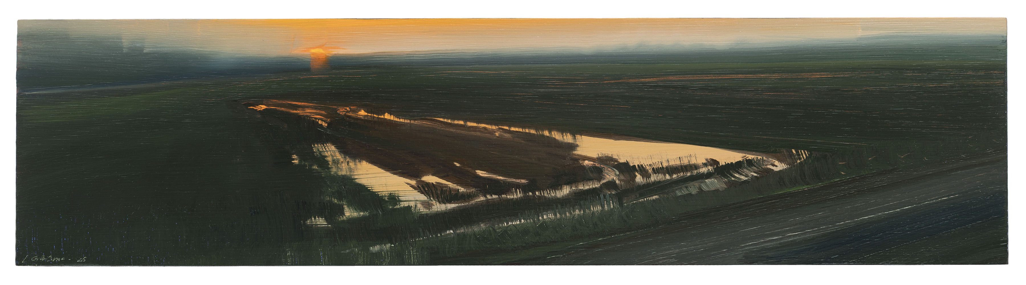 A panoramic landscape painting depicting a vast floodplain at dusk, with golden sunlight illuminating a winding river or waterway cutting through dark forested terrain. The composition is characterized by horizontal layers of muted greens and browns, with luminous cream and gold tones reflecting off the water, creating a contemplative atmosphere of natural cycles and landscape transformation.