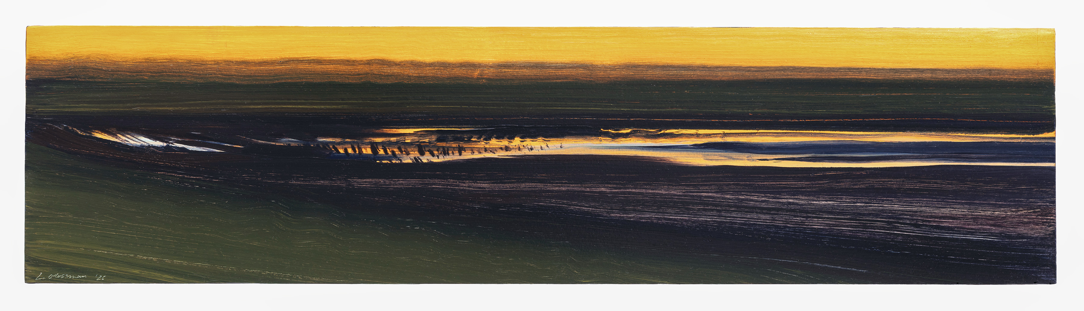 A horizontal landscape painting depicting a dark, moody vista with a golden-yellow sky at the top transitioning through deep greens and blacks in the middle and lower sections. Gestural brushstrokes create a sense of movement across the composition, with luminous golden bands suggesting water or light reflecting across a shadowed terrain.