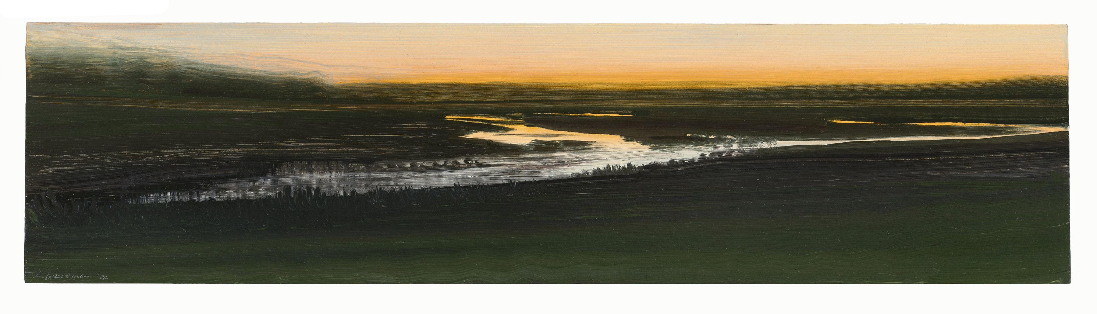 Horizontal landscape painting depicting a winding river cutting through dark forested terrain at twilight, with golden light reflecting off the water against a dusky orange sky. The composition uses deep greens and blacks in the foreground, contrasting with luminous whites and golds along the river's curves.