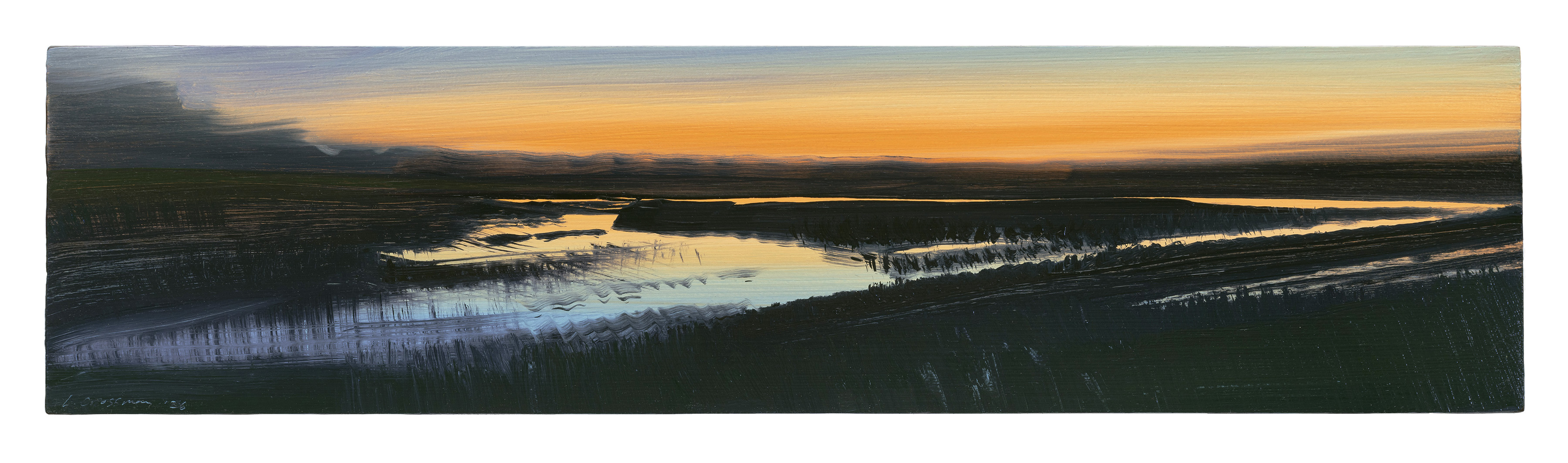 Panoramic landscape painting of a wetland at dusk, with winding waterways reflecting golden and blue twilight tones, bordered by dark forested banks and distant mountains silhouetted against an amber sky.