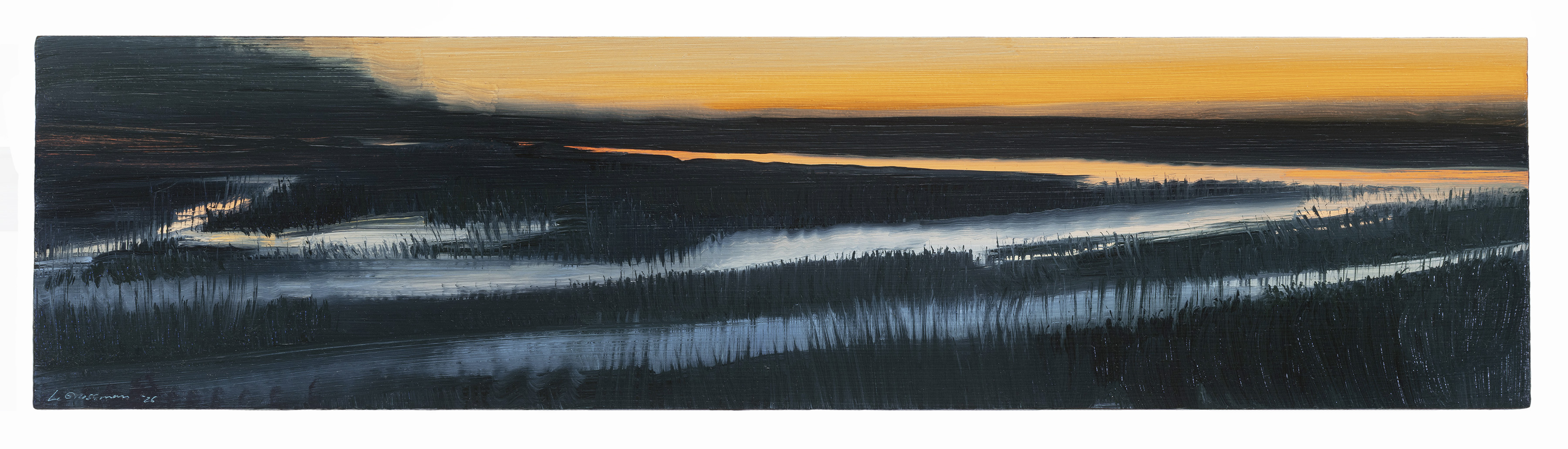 A horizontal oil painting depicting a twilight landscape with meandering rivers reflecting golden light against a dark sky. Evergreen forests line the waterways in silhouette, their forms creating rhythmic patterns across the composition, while patches of snow or ice glimmer along the banks.
