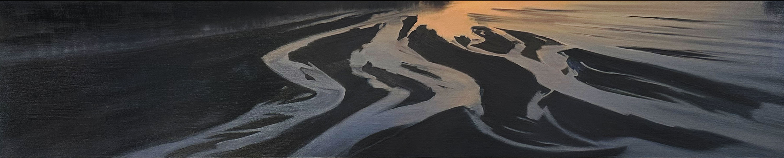 Abstract landscape featuring sweeping curved forms in black, tan, and gray tones, suggesting an aerial view of sand formations or waterways. The composition uses dramatic contrasts and flowing brushwork to create depth and movement across the horizontal format.