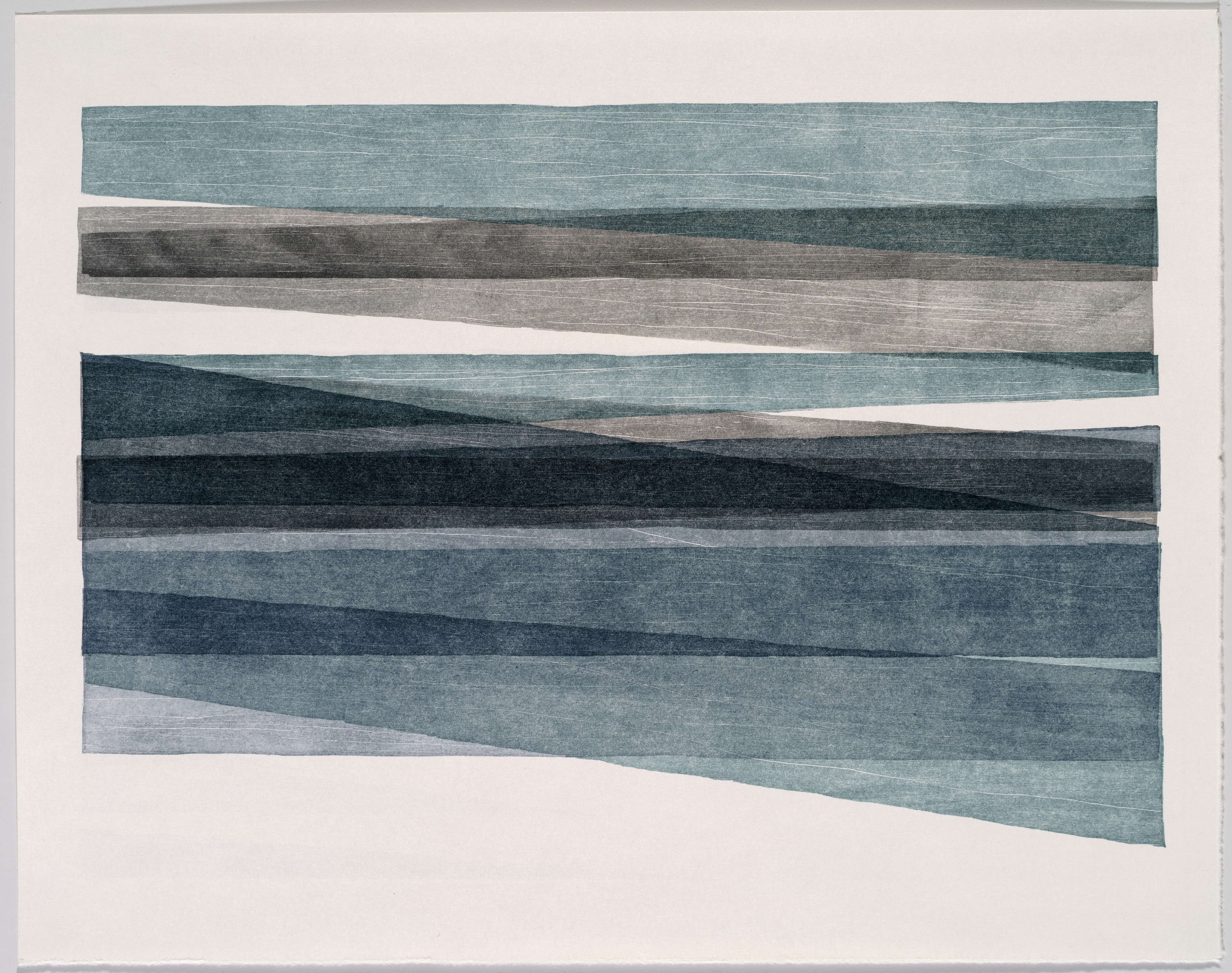 Horizontal layers of textured stripes in varying shades of blue, grey, and black overlap at diagonal angles across a light background, creating a minimalist landscape-like composition with soft, hand-drawn edges and a subtle relief quality.