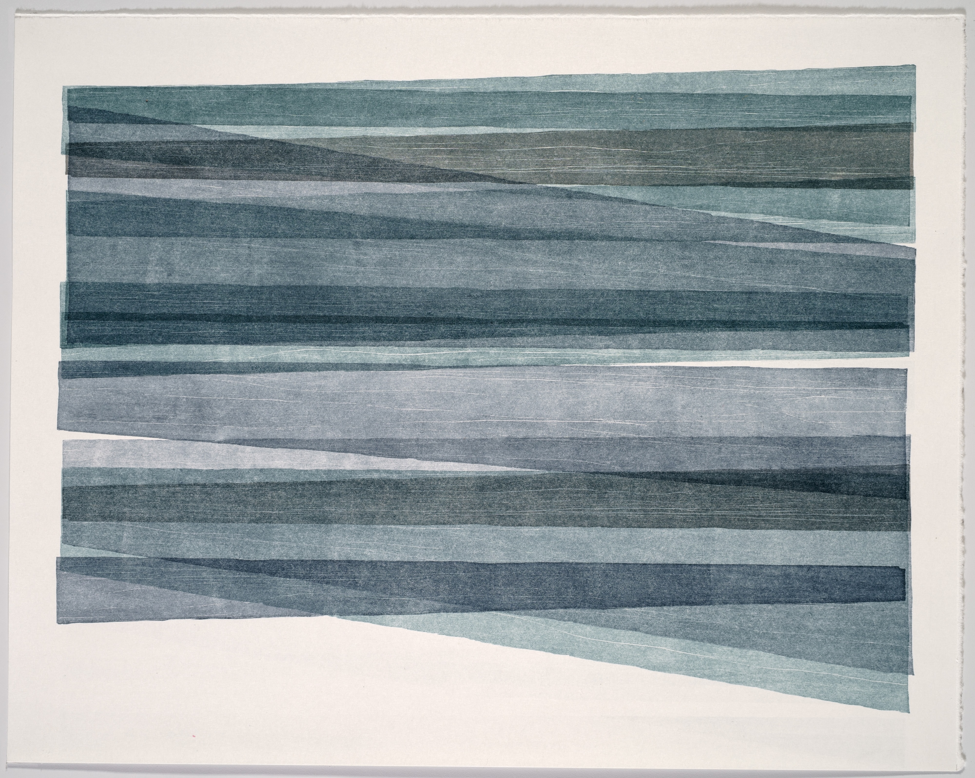 Horizontal composition of layered, undulating bands in varying shades of gray and blue-green, creating a landscape-like abstraction. The irregular strips overlap and taper at the edges, rendered in a textured, print-based medium against a pale background.