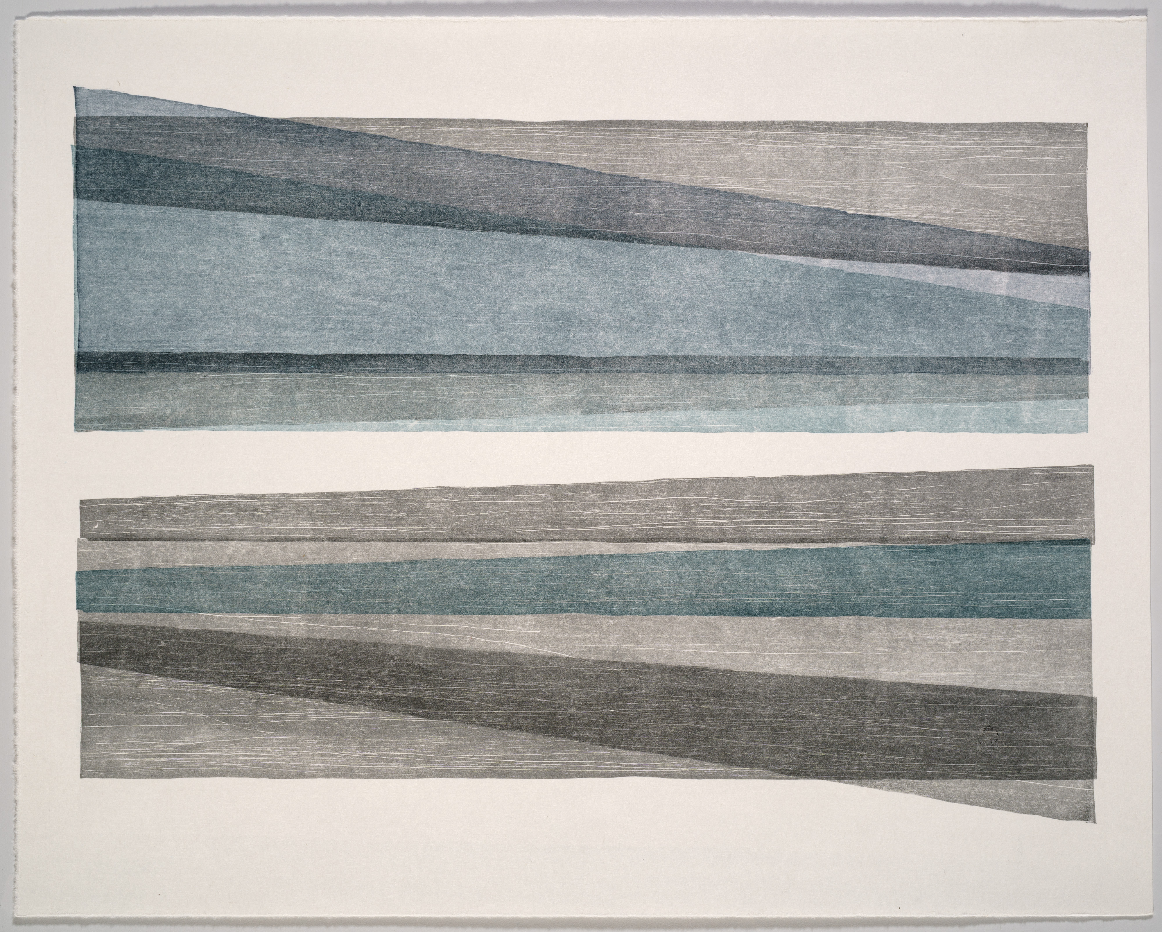 Two horizontal abstract compositions with layered, wavy bands in shades of gray, blue-gray, and charcoal, created with linear mark-making that suggests woodcut or print techniques. The bands shift and overlap with organic, undulating edges against a cream-colored paper background.