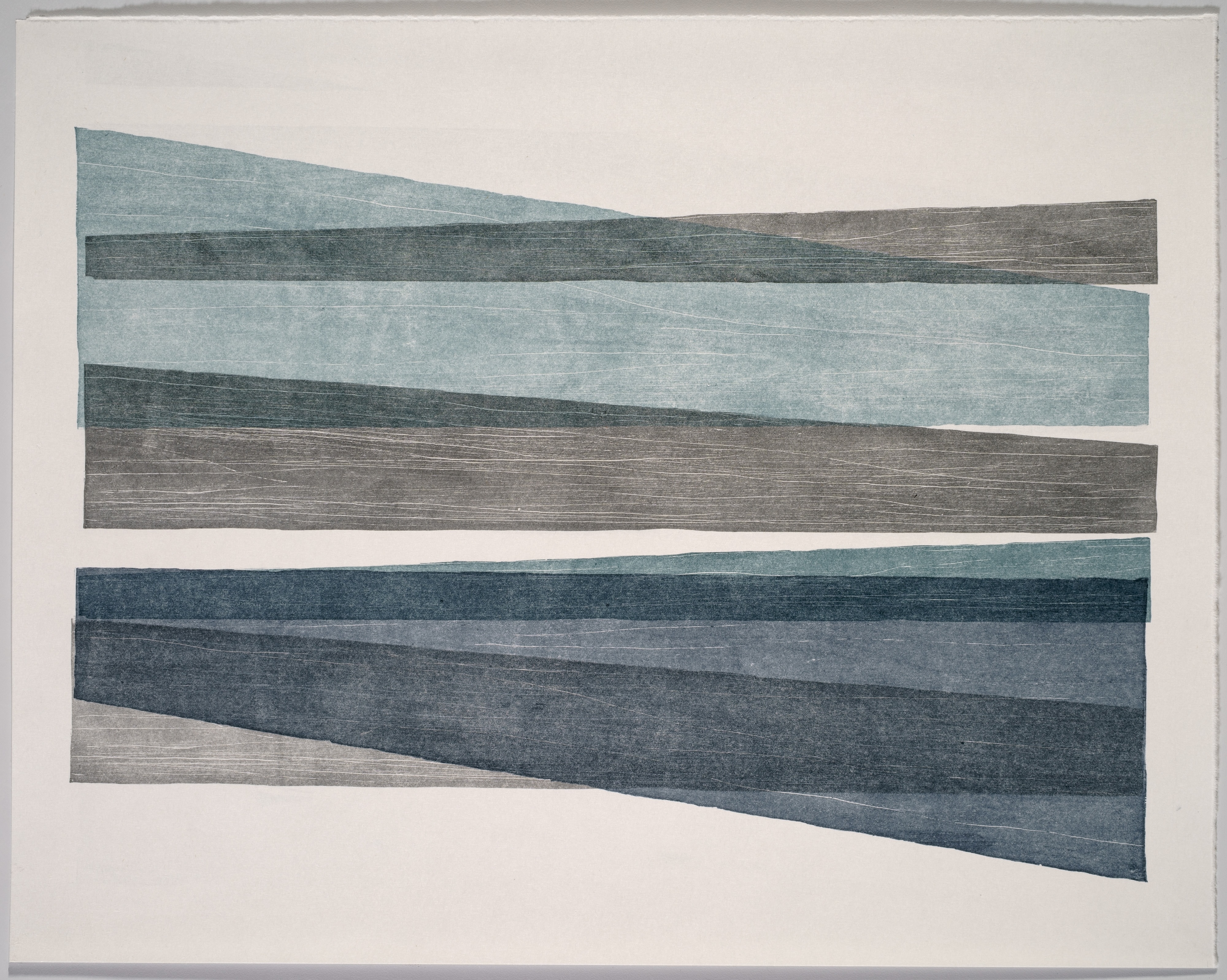 Horizontal composition featuring layered rectangular bands of varying widths in shades of blue, grey, and brown with wood grain textures, arranged in two groups separated by white space on a light background.