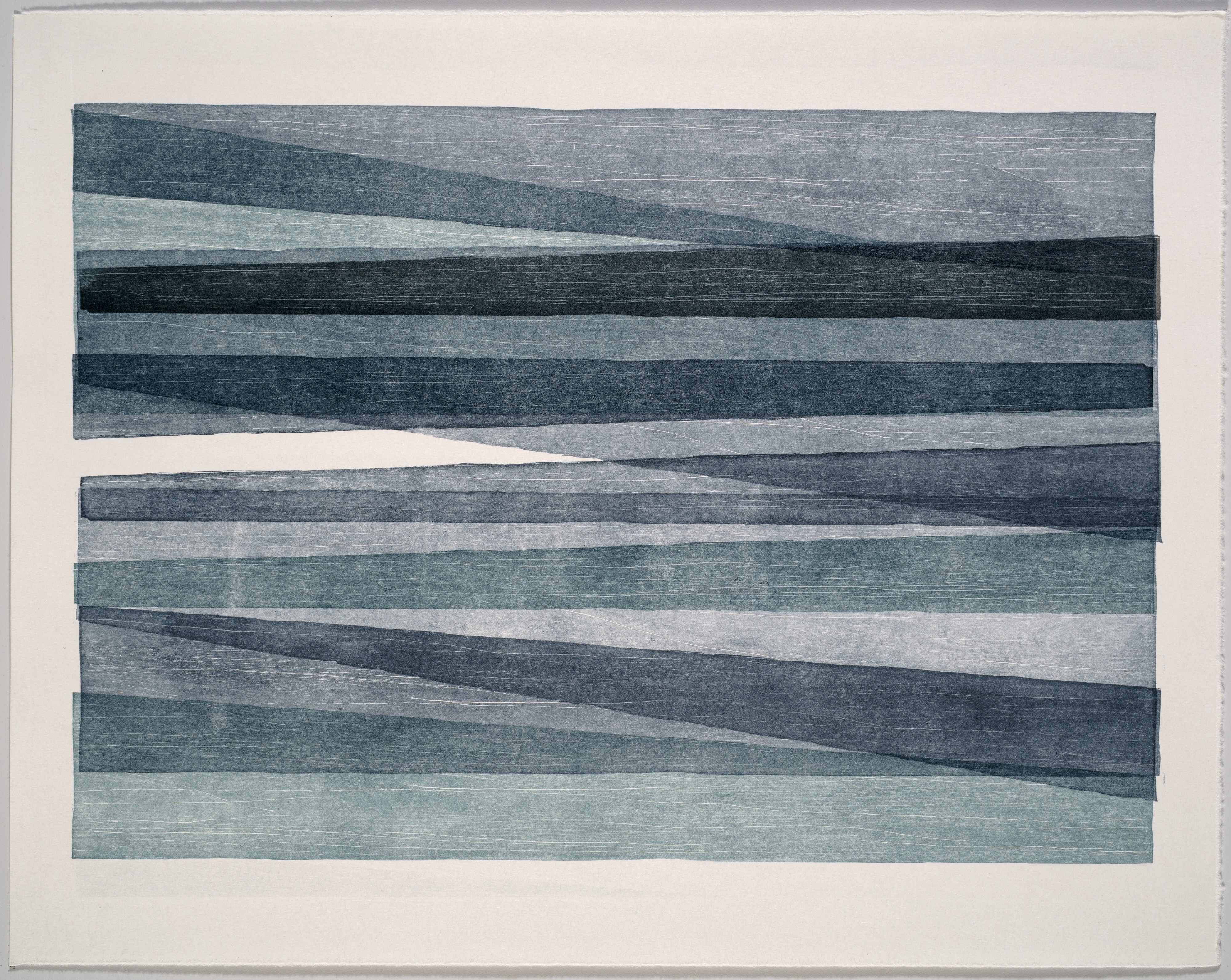 Abstract composition of horizontal bands in varying shades of blue and grey, with subtle diagonal movements creating a sense of depth and layering. The textured surface suggests printmaking techniques, with organic variations in tone across the overlapping strips.