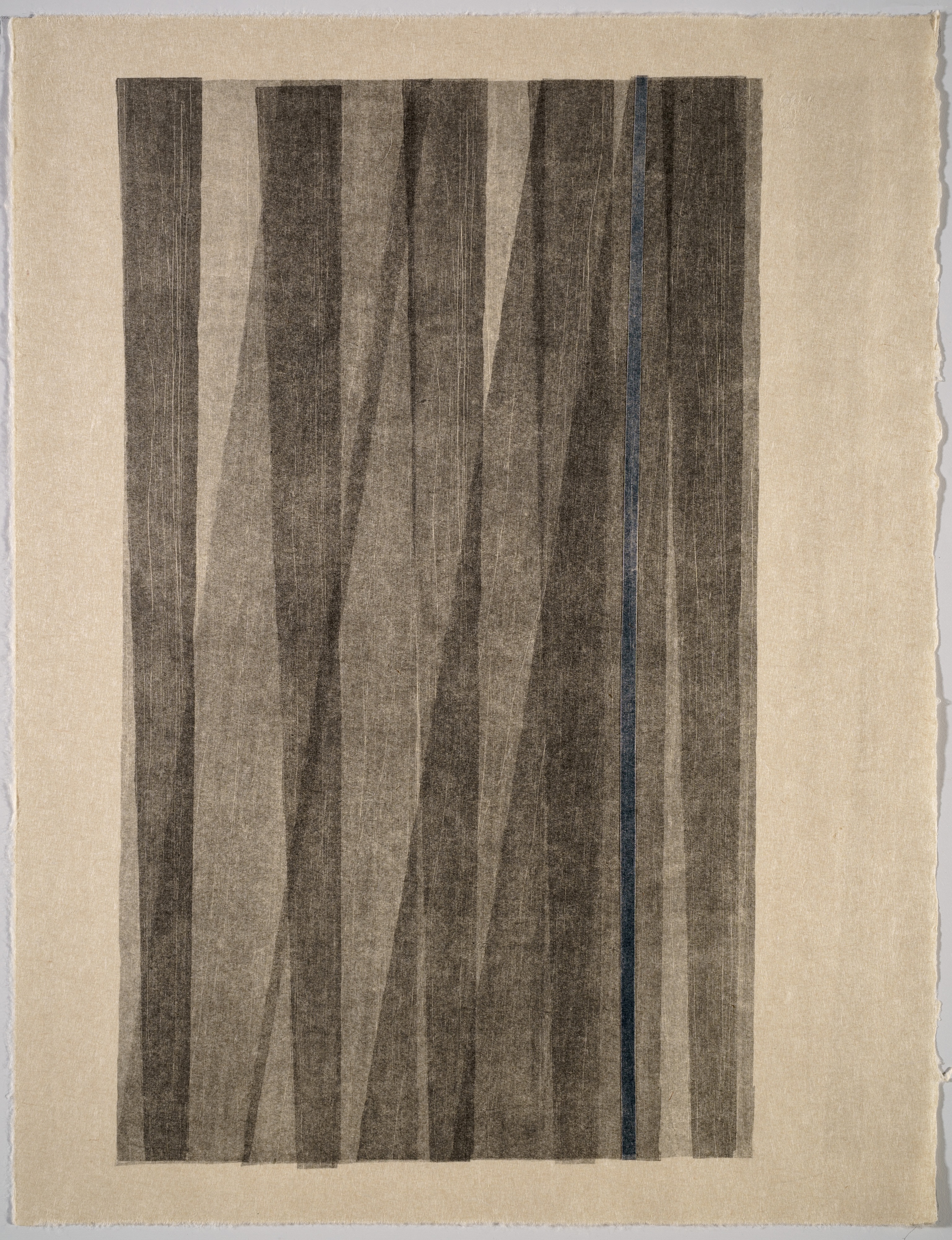 Five vertical panels of varying widths, rendered in dark charcoal and gray tones with fine linear marks, are arranged side by side against a cream-colored background. A single blue-gray line runs vertically through the composition, creating subtle visual rhythm across the textured, paper-like surface.