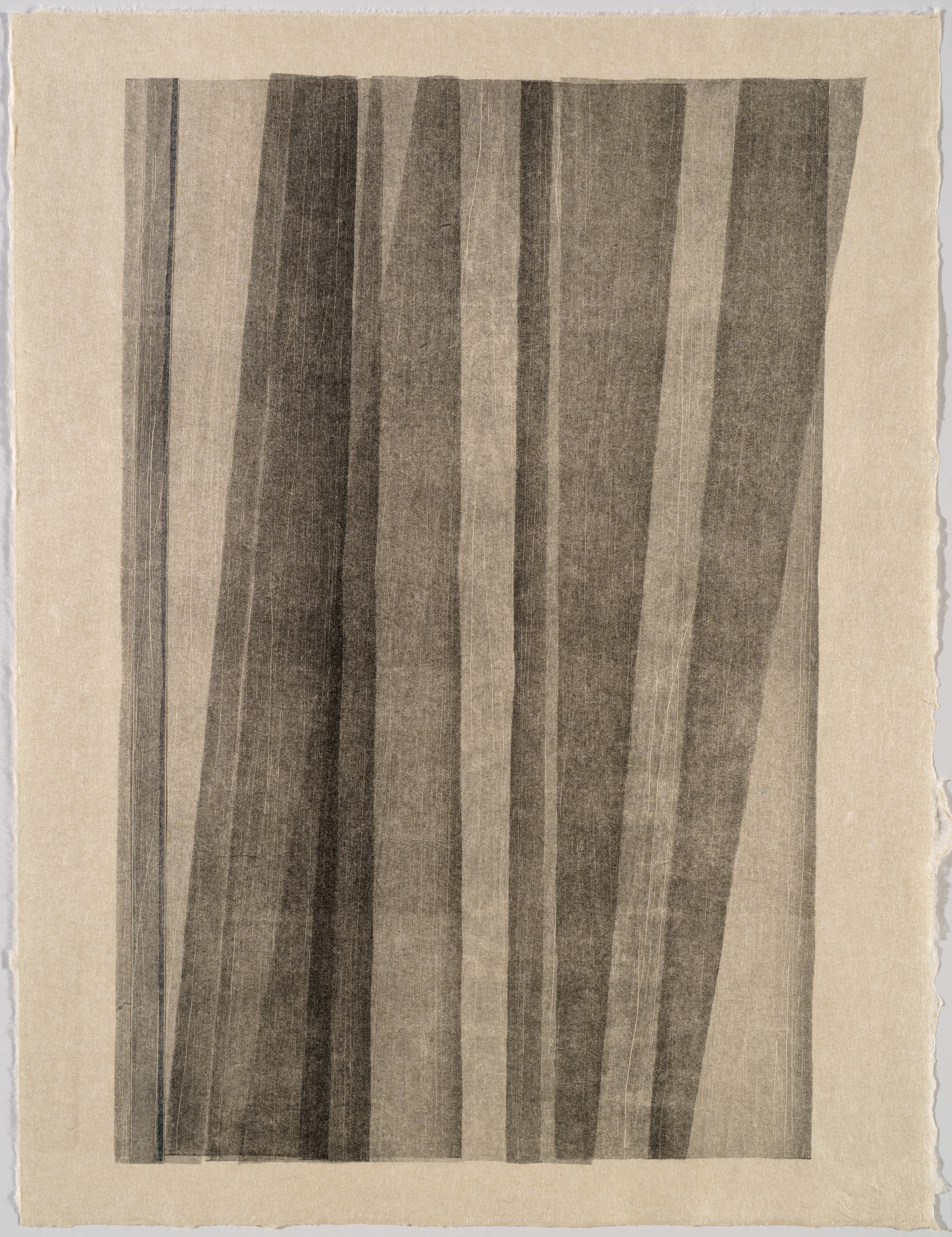 Vertical composition of alternating dark and light gray stripes of varying widths, creating a subtle undulating effect across the cream-colored paper surface. The parallel lines suggest movement and depth through gradual tonal shifts from charcoal to pale gray.