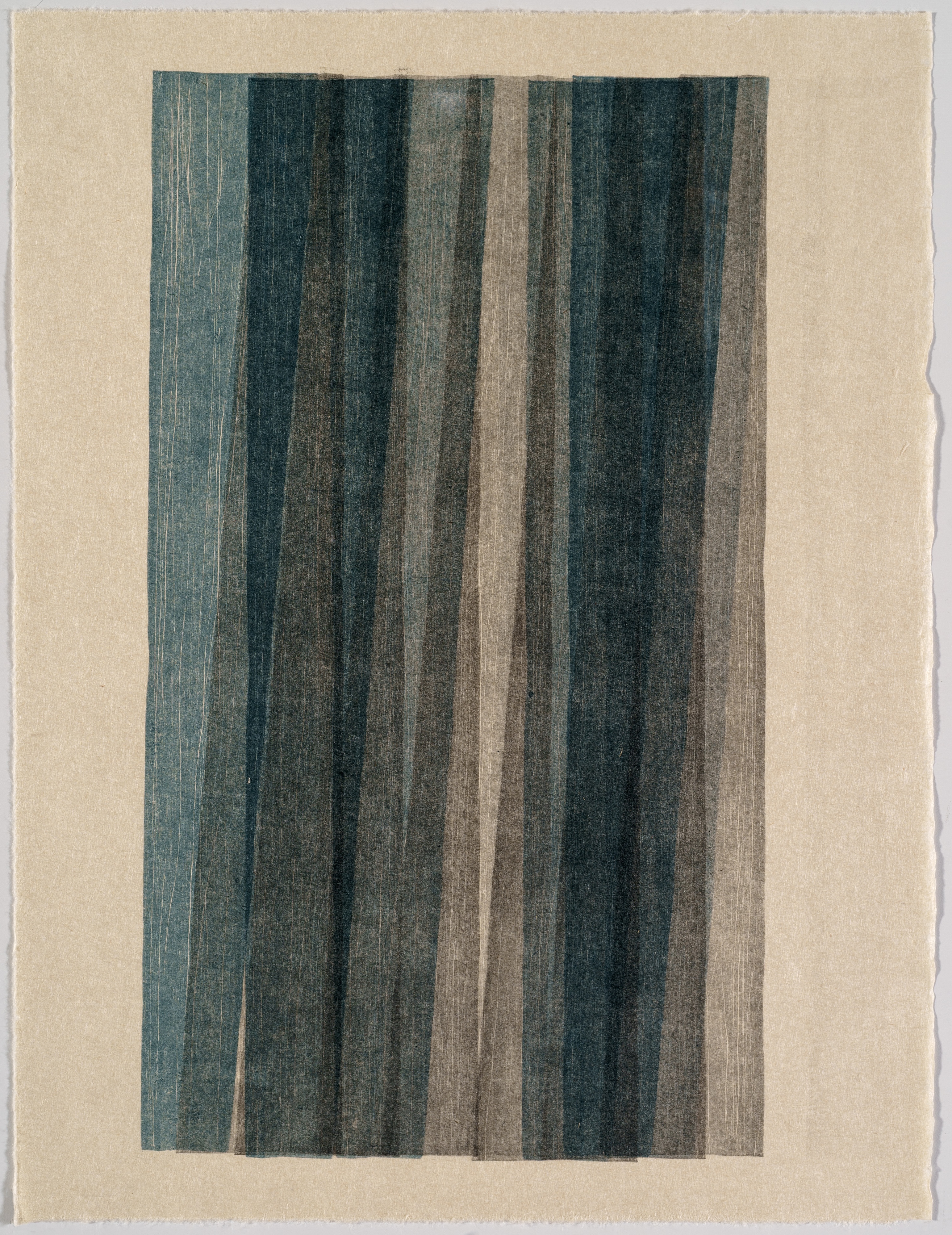 Vertical woodcut monoprint featuring parallel stripes in varying widths, alternating between deep teal, dark charcoal, and warm taupe tones on a cream-colored paper ground. Fine linear texturing throughout creates a subtle sense of movement within each stripe.