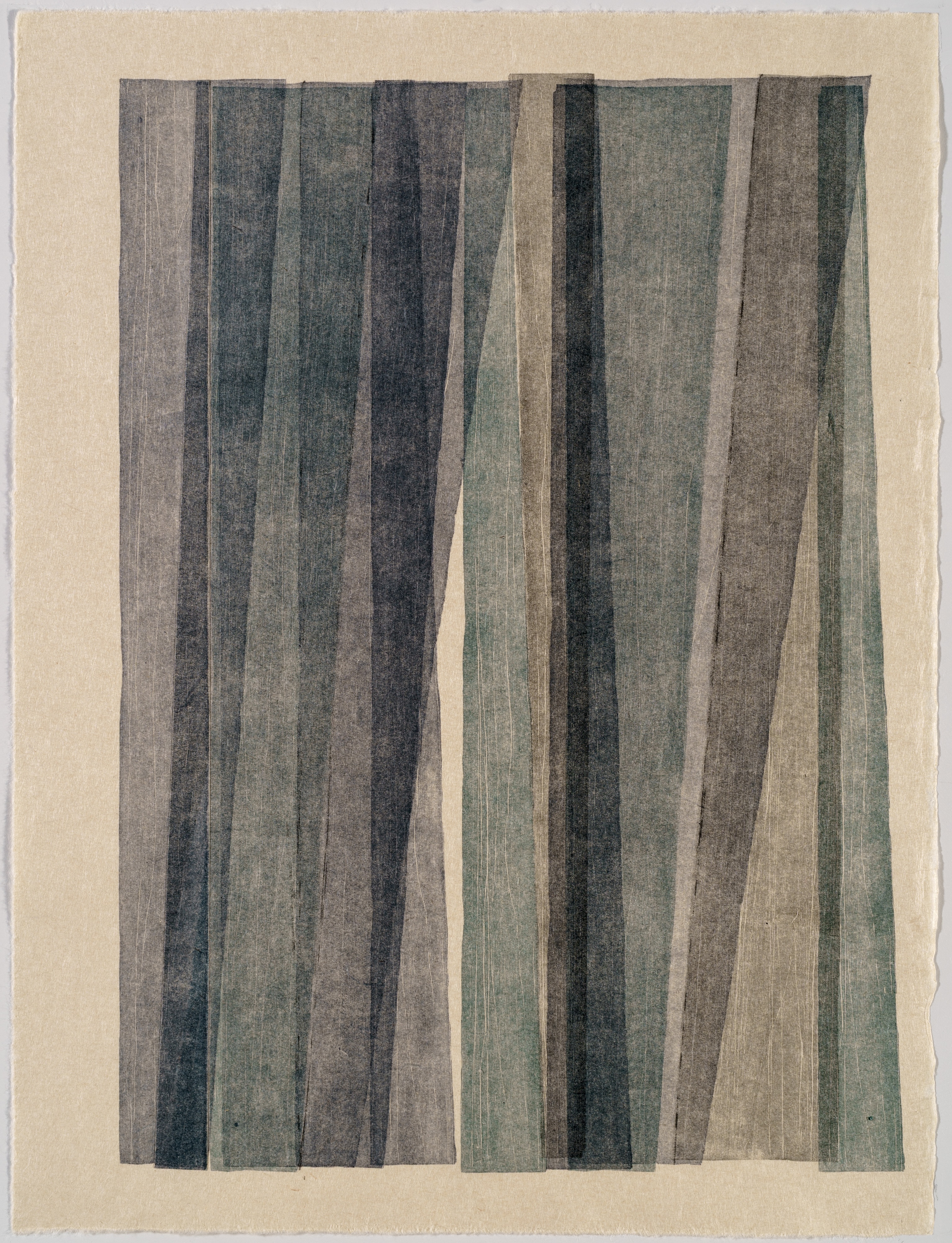 Vertical woodcut monoprint featuring ten parallel stripes in varying widths, rendered in gradations of deep blue, grey, green, and brown tones against a cream-colored paper. The stripes display subtle texture and gentle wavering edges, creating a contemplative, minimalist composition.
