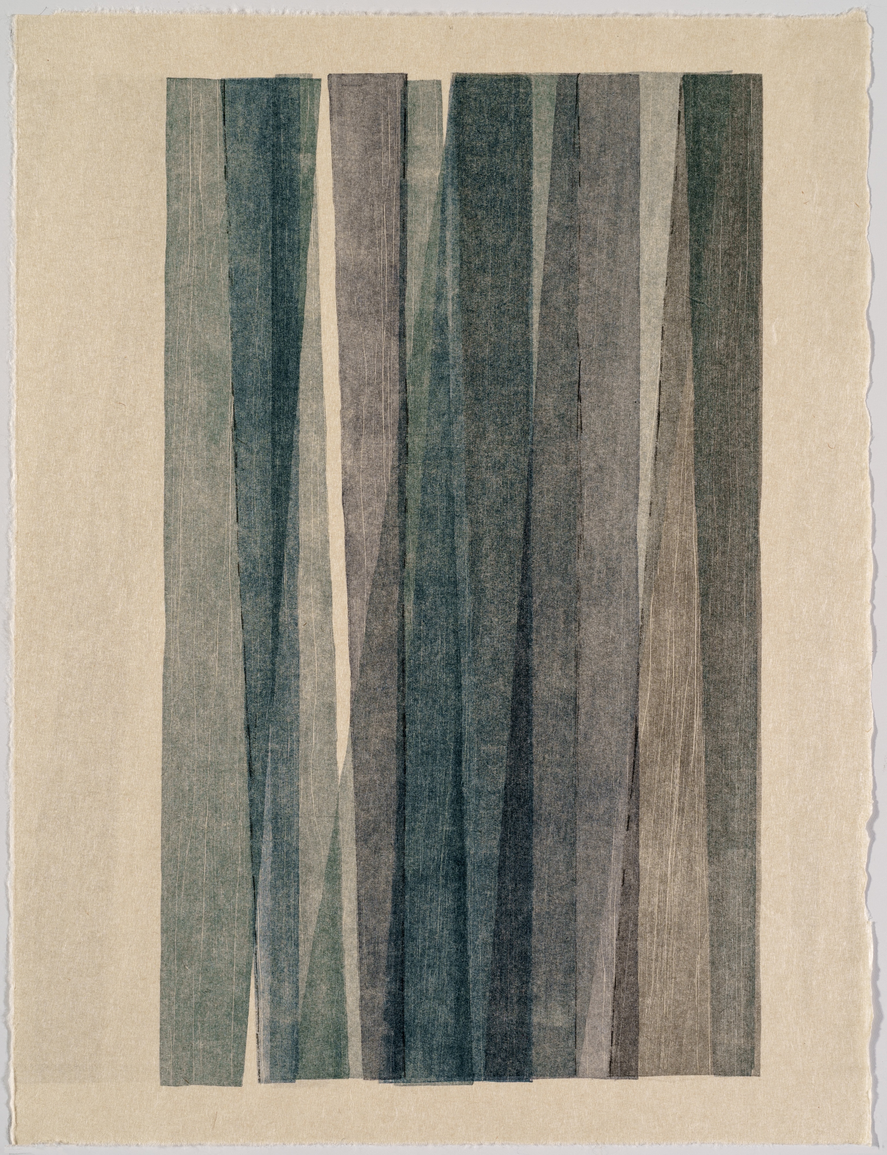 A woodcut monoprint featuring seven vertical rectangular strips in varying shades of teal, gray, and taupe on a cream-colored paper ground. The strips are separated by thin white lines and rendered with subtle texture and tonal gradations that suggest depth and movement.