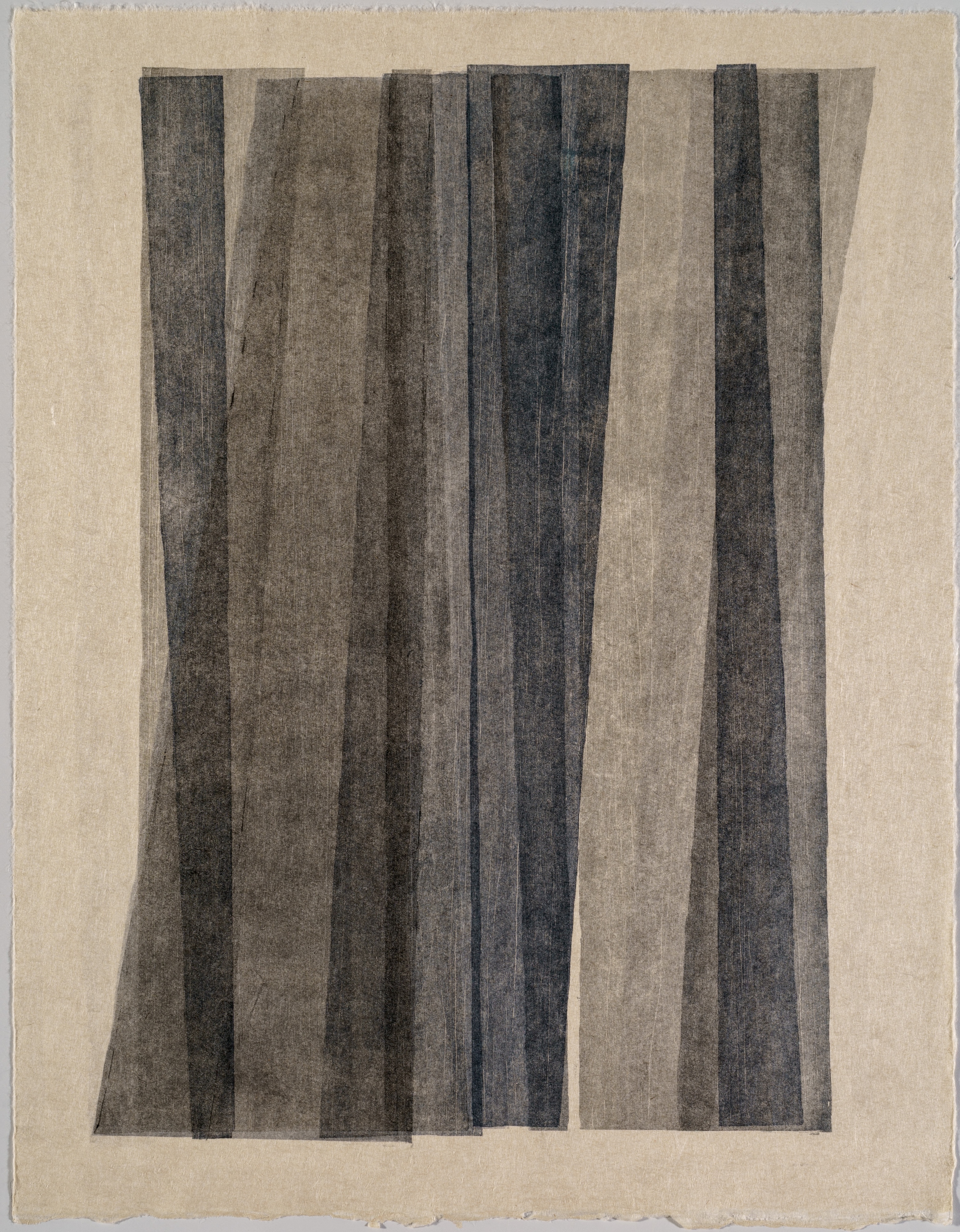 Vertical composition of alternating dark and light charcoal-gray stripes of varying widths on a cream-colored background, creating a subtle optical rhythm through the interplay of tonal values and slightly irregular edges.