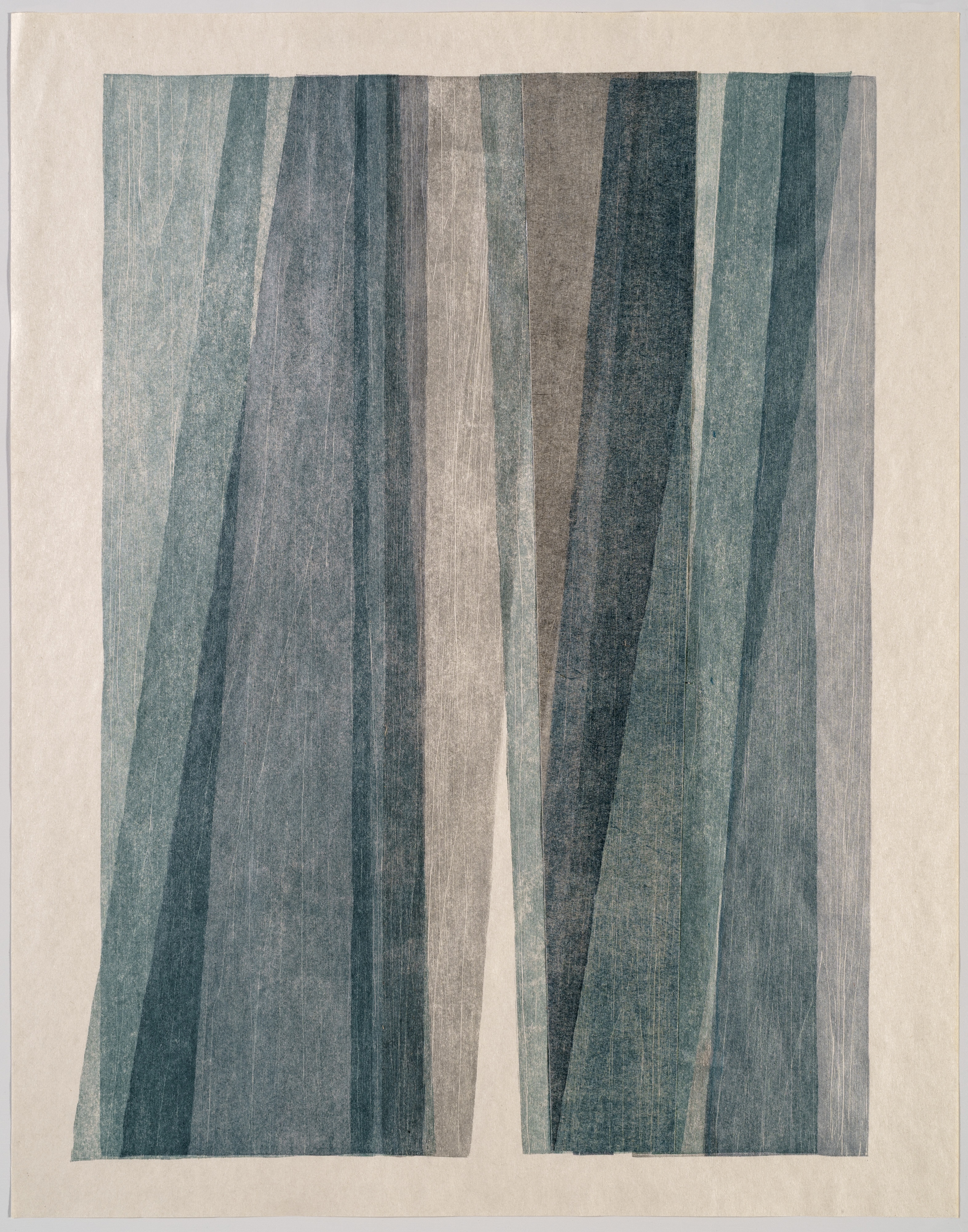 Vertical woodcut monoprint featuring vertical stripes in varying shades of teal, gray, brown, and cream, with subtle texture and overlapping translucent layers that create depth and movement across the composition.