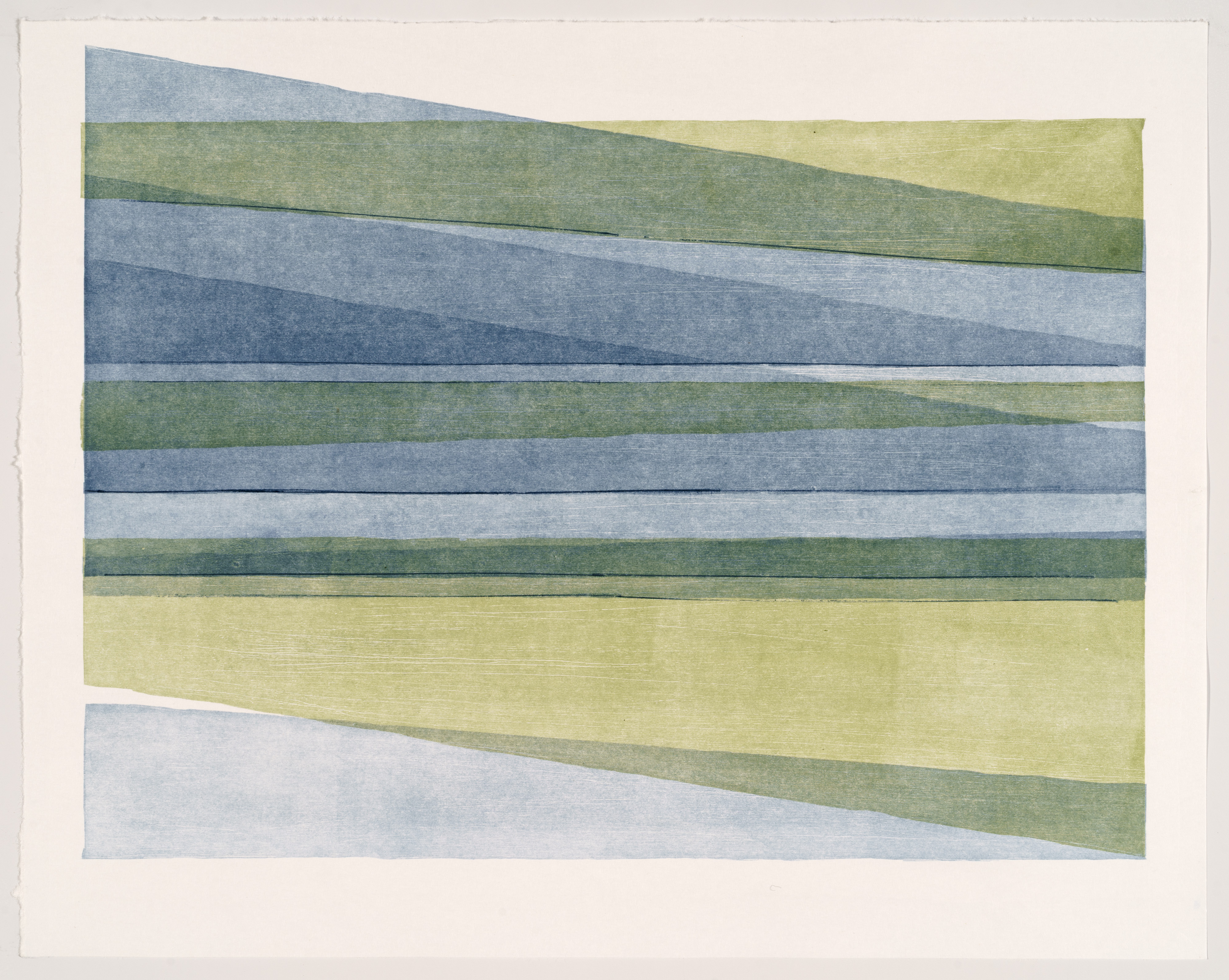Horizontal bands of overlapping color—blues, greens, and yellows—arranged in diagonal shifts across the composition, creating a layered landscape-like abstraction with subtle gradations of tone and hue.