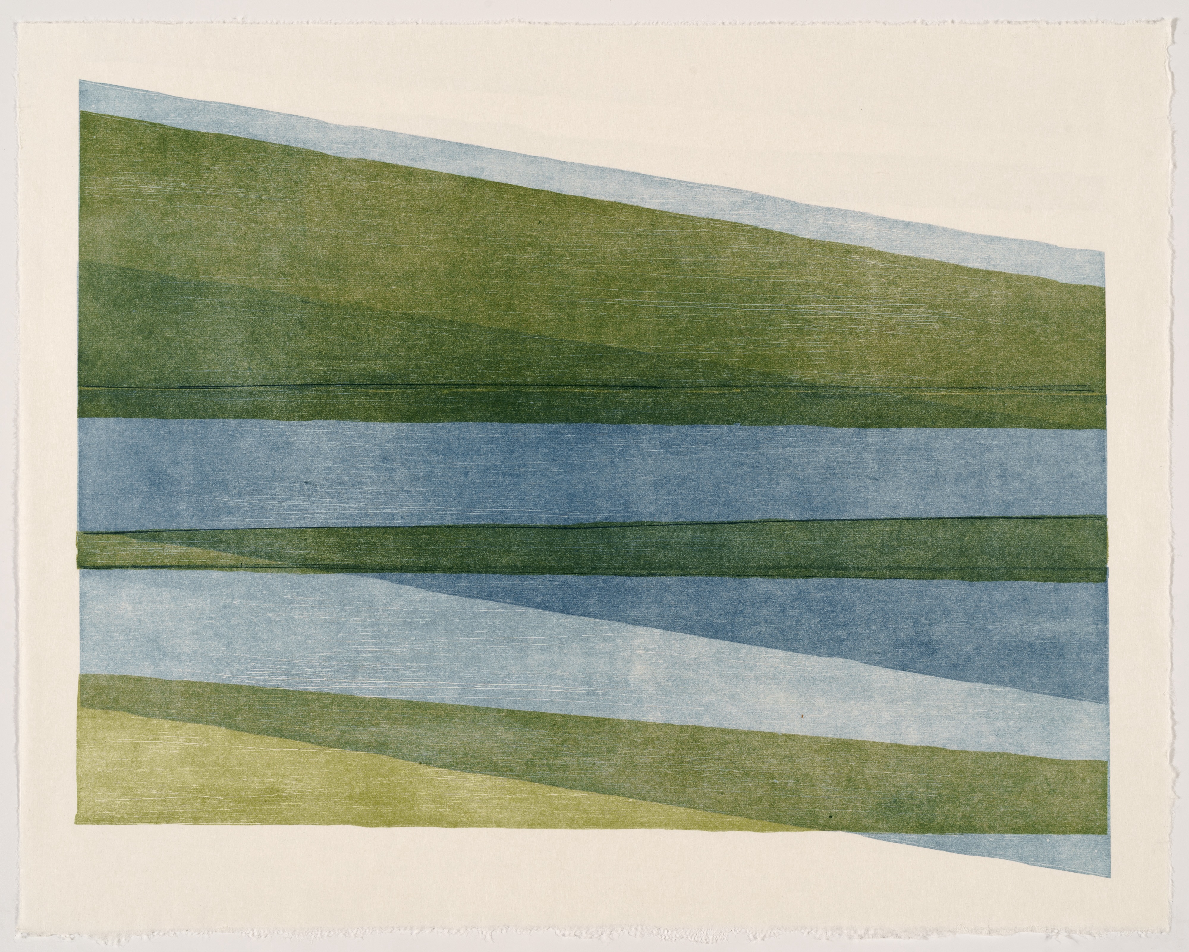 Horizontal bands of green and blue hues create an abstract landscape composition. The layered stripes shift and overlap across the tilted rectangular form, with subtle texture visible throughout the printed surface.