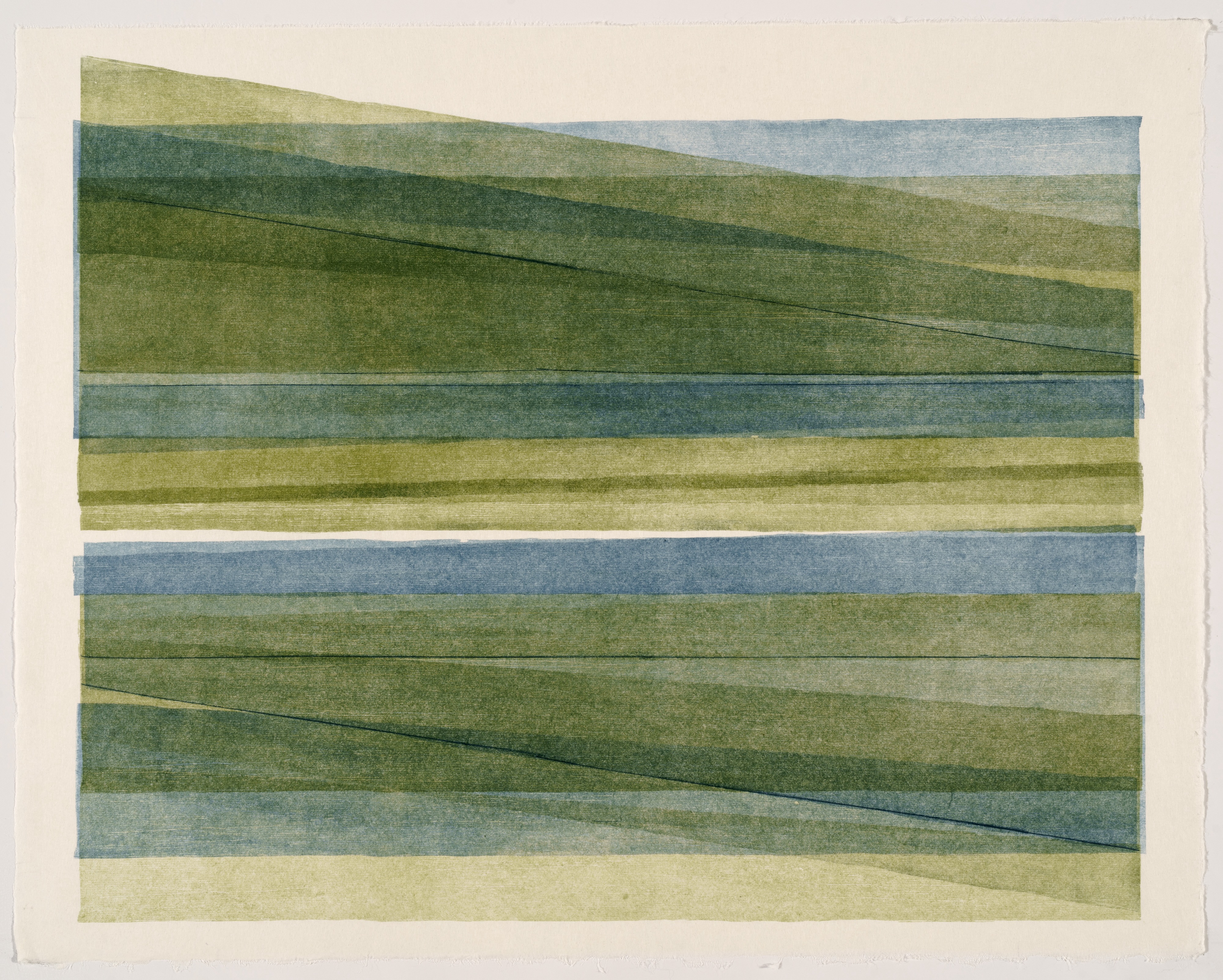 Horizontal composition of layered colored bands in greens, blues, and pale yellows, with diagonal lines creating a sense of movement and depth across the composition. The organic, textured quality of the paper is visible throughout the print.