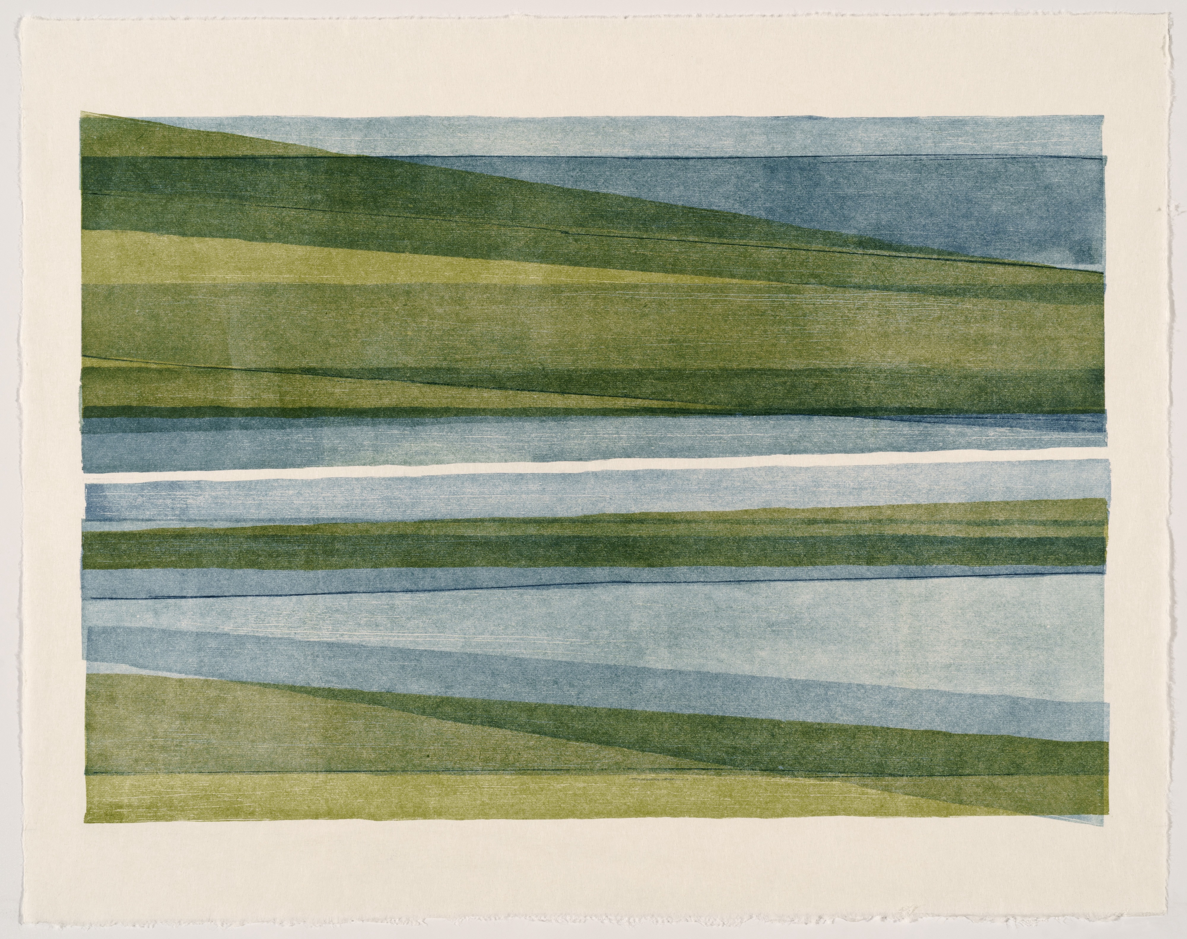 Horizontal layered composition of overlapping colored bands in greens, blues, and yellows, with diagonal lines suggesting a tilted landscape. The soft, textured appearance and subtle color variations characteristic of a woodcut monoprint on paper.