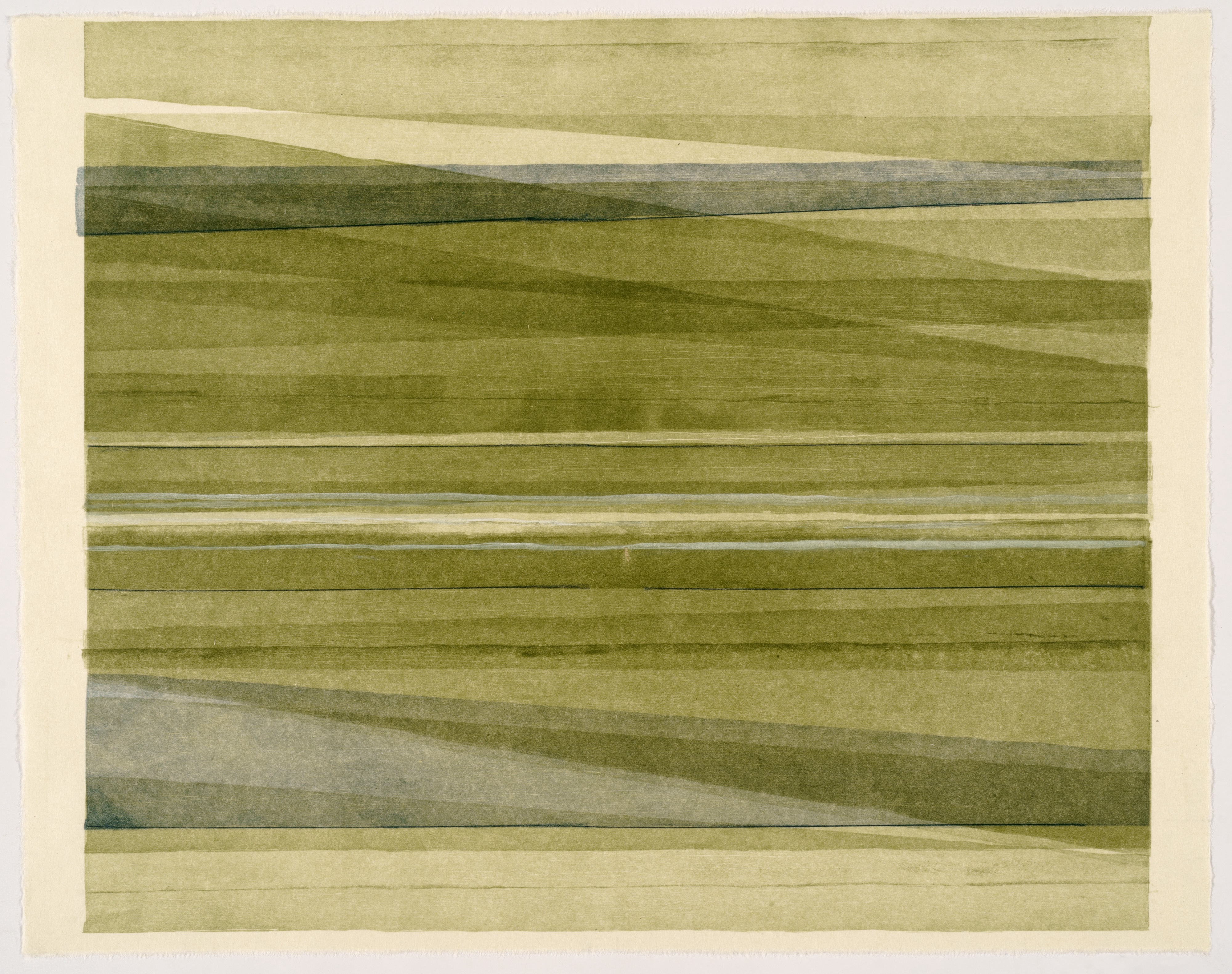Abstract composition of horizontal bands in varying shades of green, olive, and cream, with subtle diagonal linear elements creating a sense of depth and movement across the layered landscape-like form.