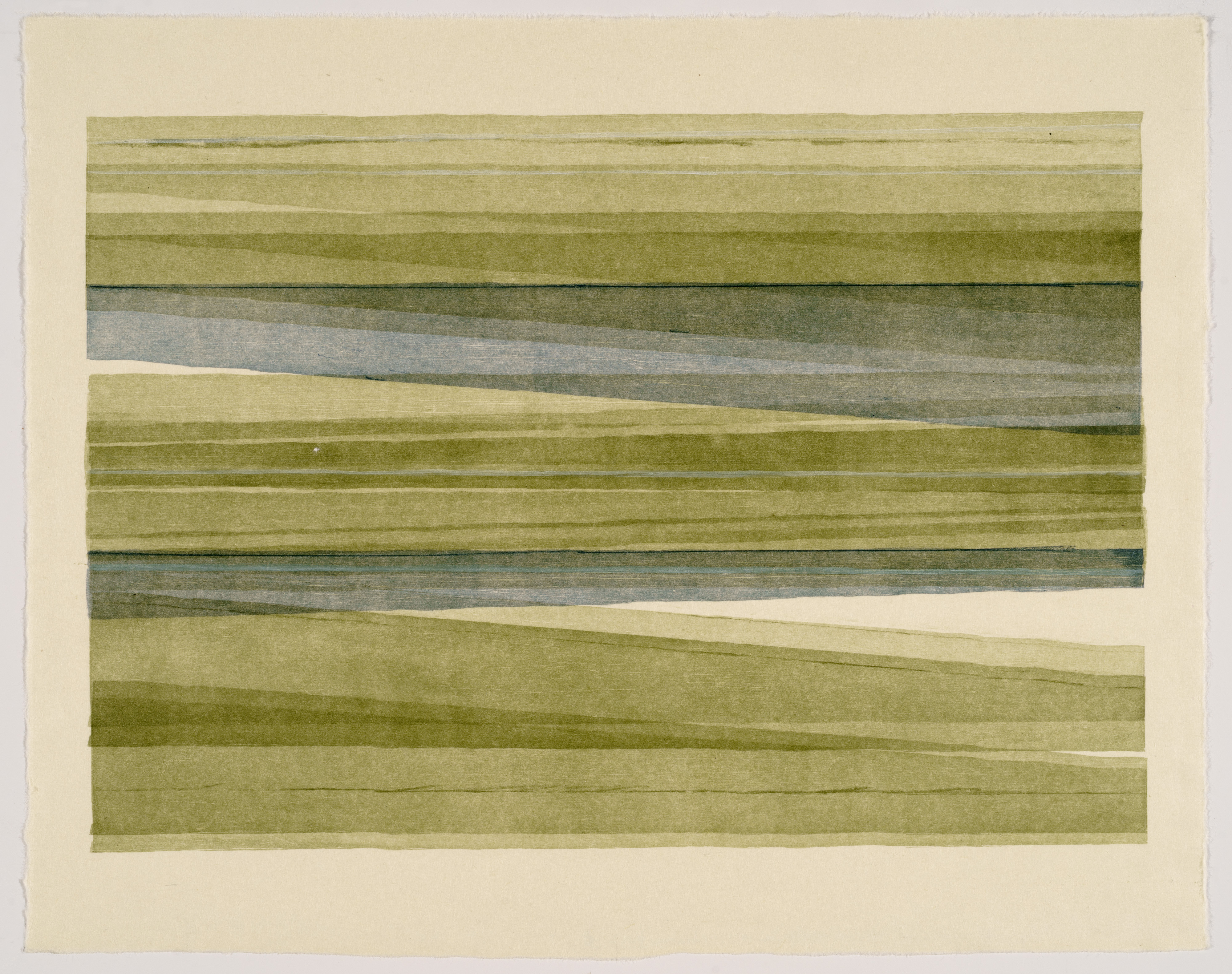 Horizontal bands of muted greens and grays with subtle texture and variation, divided by thin dark lines. A cream-colored diagonal shape cuts through the lower half of the composition, creating an asymmetrical geometric division against the layered, earthy tones.