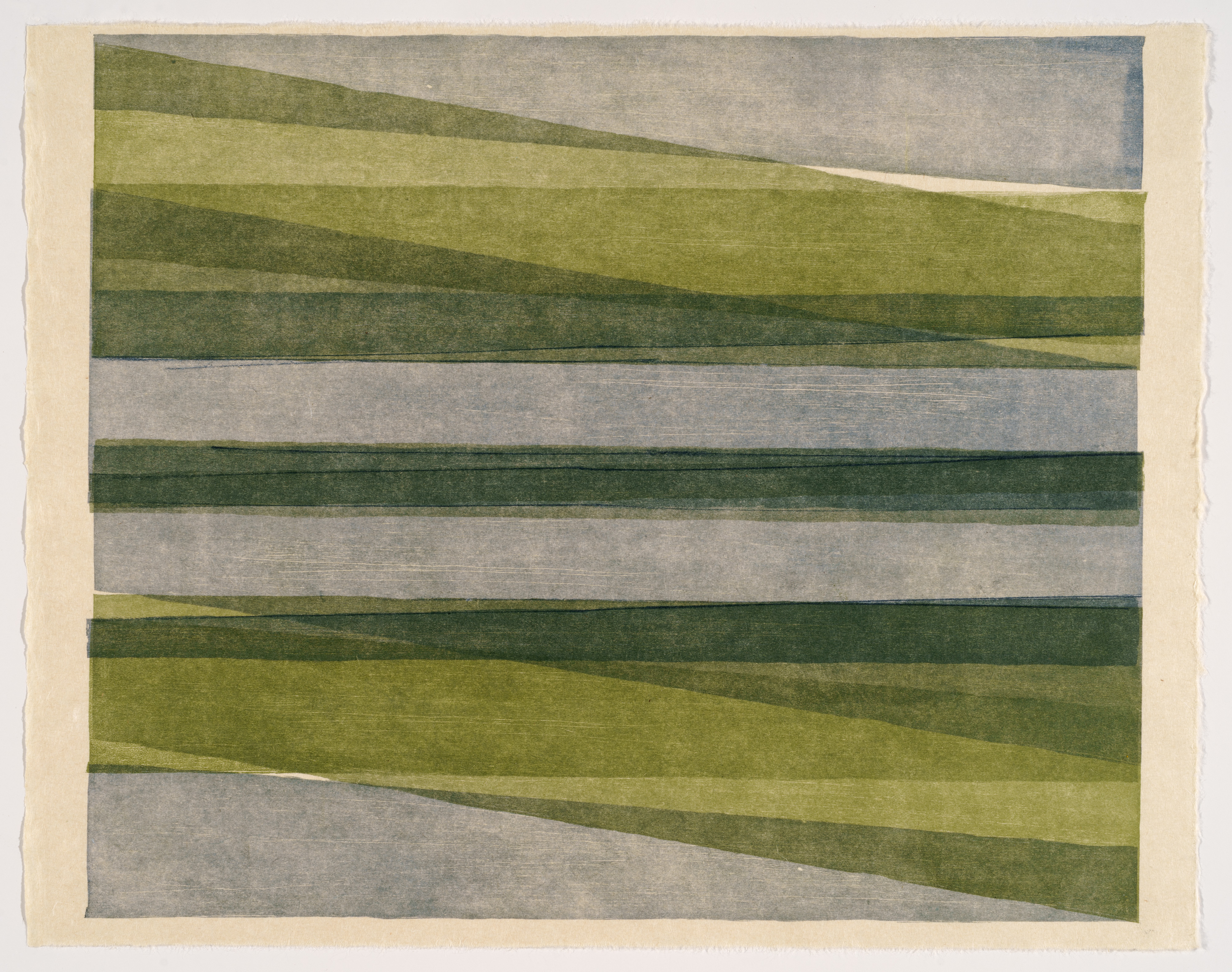 Horizontal bands of varying widths in shades of green and gray create a layered landscape composition. Subtle diagonal shifts and overlapping planes suggest rolling hills or geological strata, rendered in muted earth tones with visible woodblock printing texture throughout.