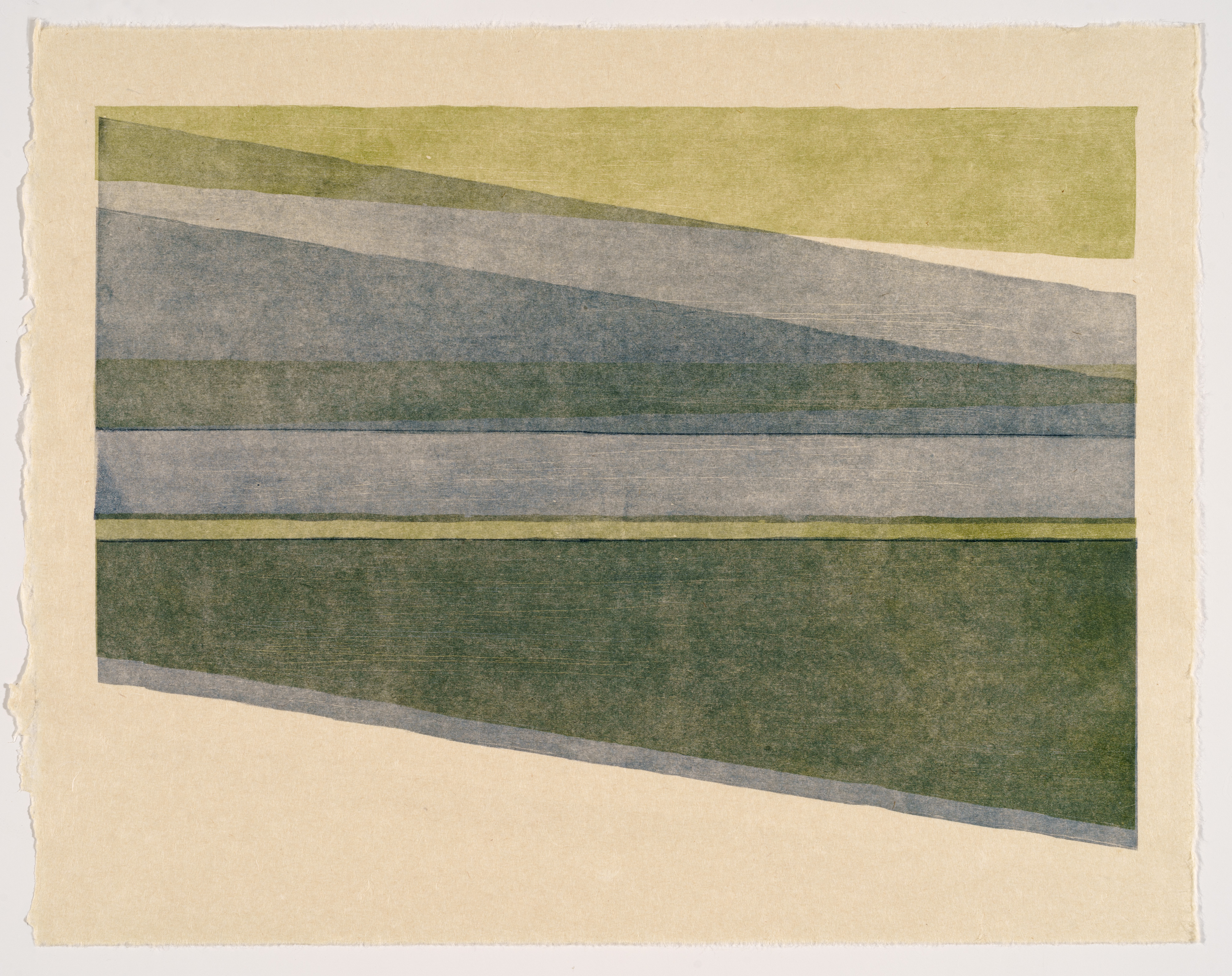 Abstract composition of horizontal bands in muted greens, grays, and yellows arranged in a tilted perspective, creating a sense of depth and movement across the cream-colored paper.