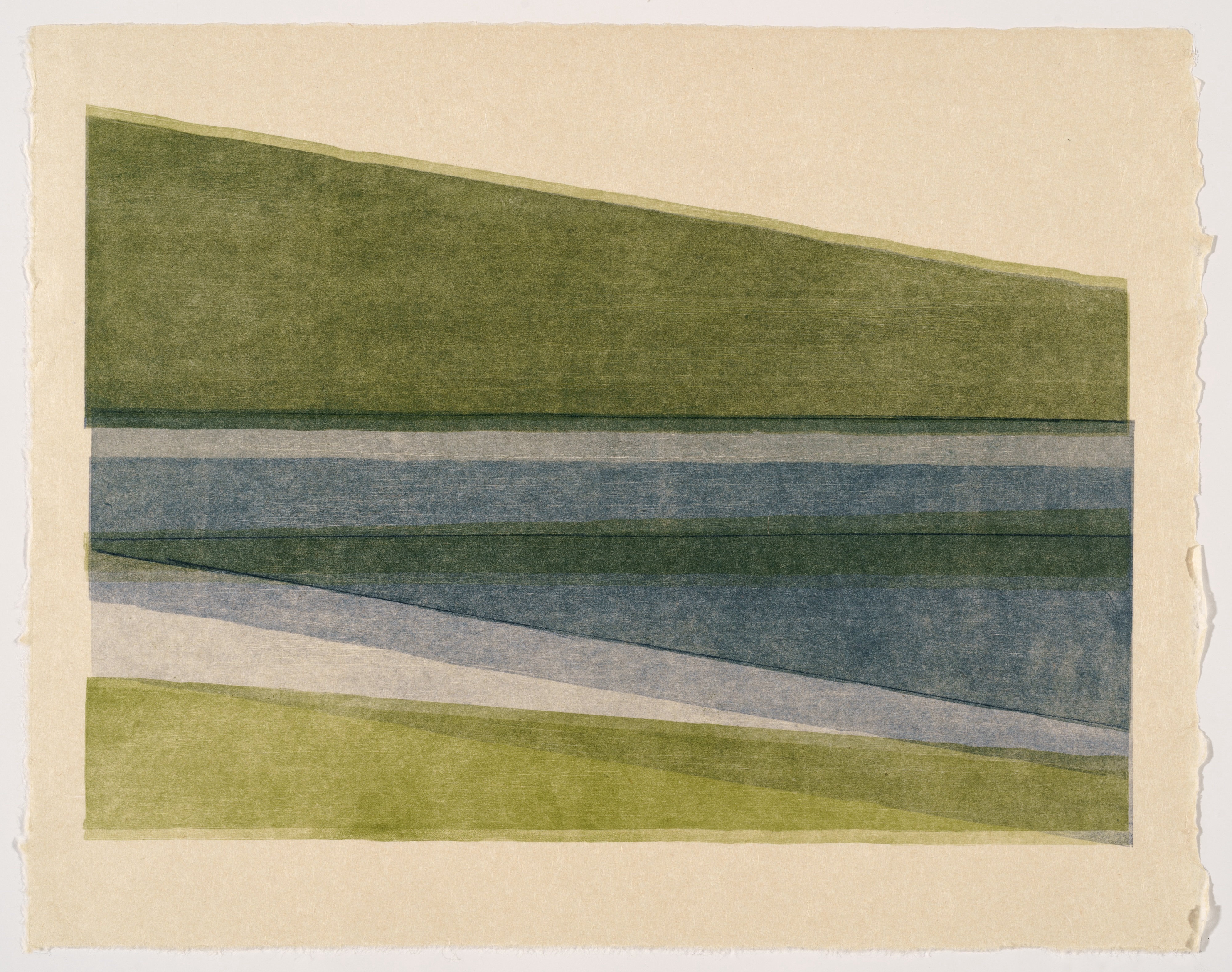 Horizontal bands of muted greens, blues, and grays create a layered landscape composition. The soft, textured surface suggests a woodcut monoprint technique, with subtle tonal variations and diagonal lines that suggest depth and movement across the composition.