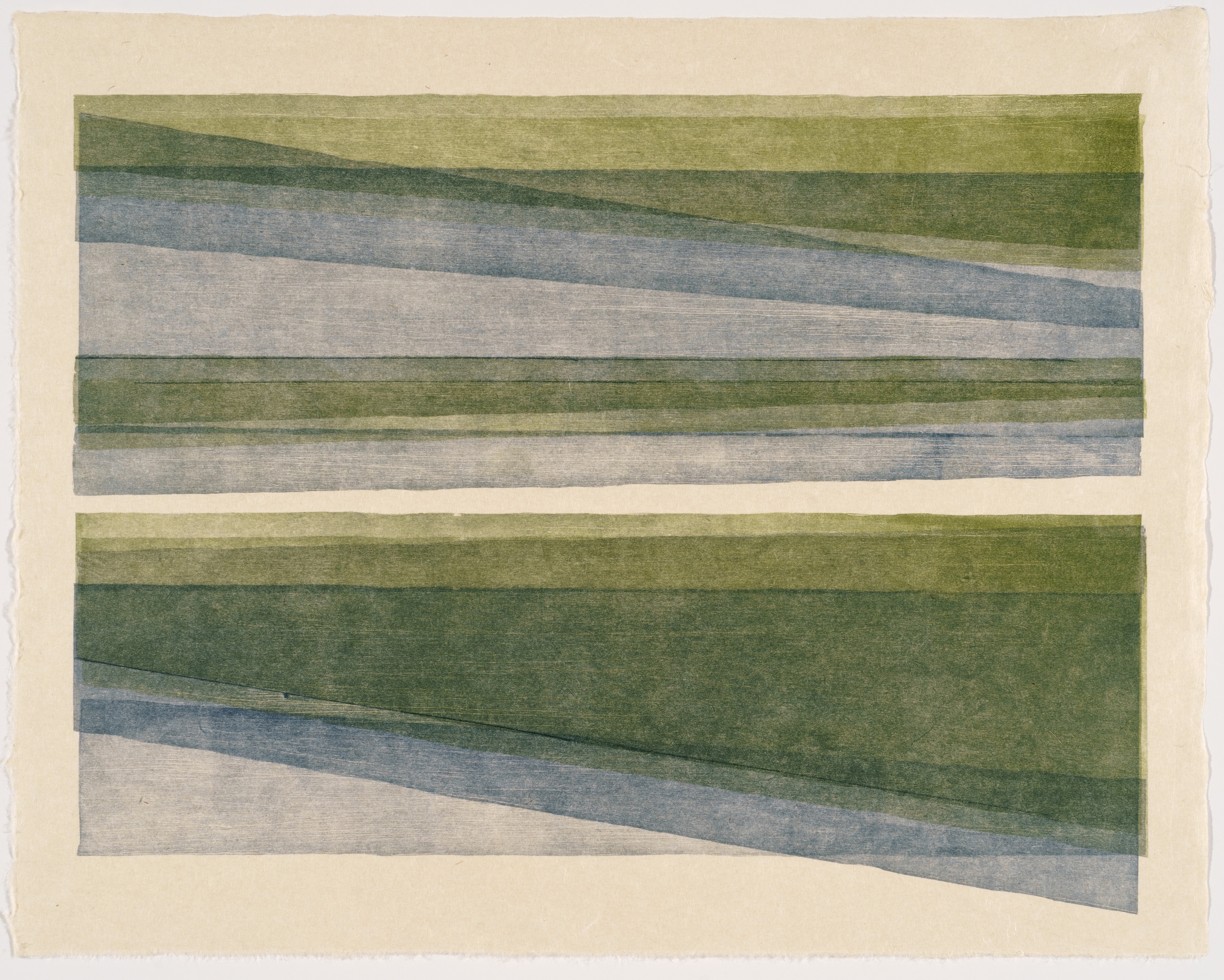Two rectangular compositions with horizontal striped bands in muted greens, grays, and blues, each with a diagonal shift or displacement running through the center, creating a subtle sense of movement across the layered color fields.