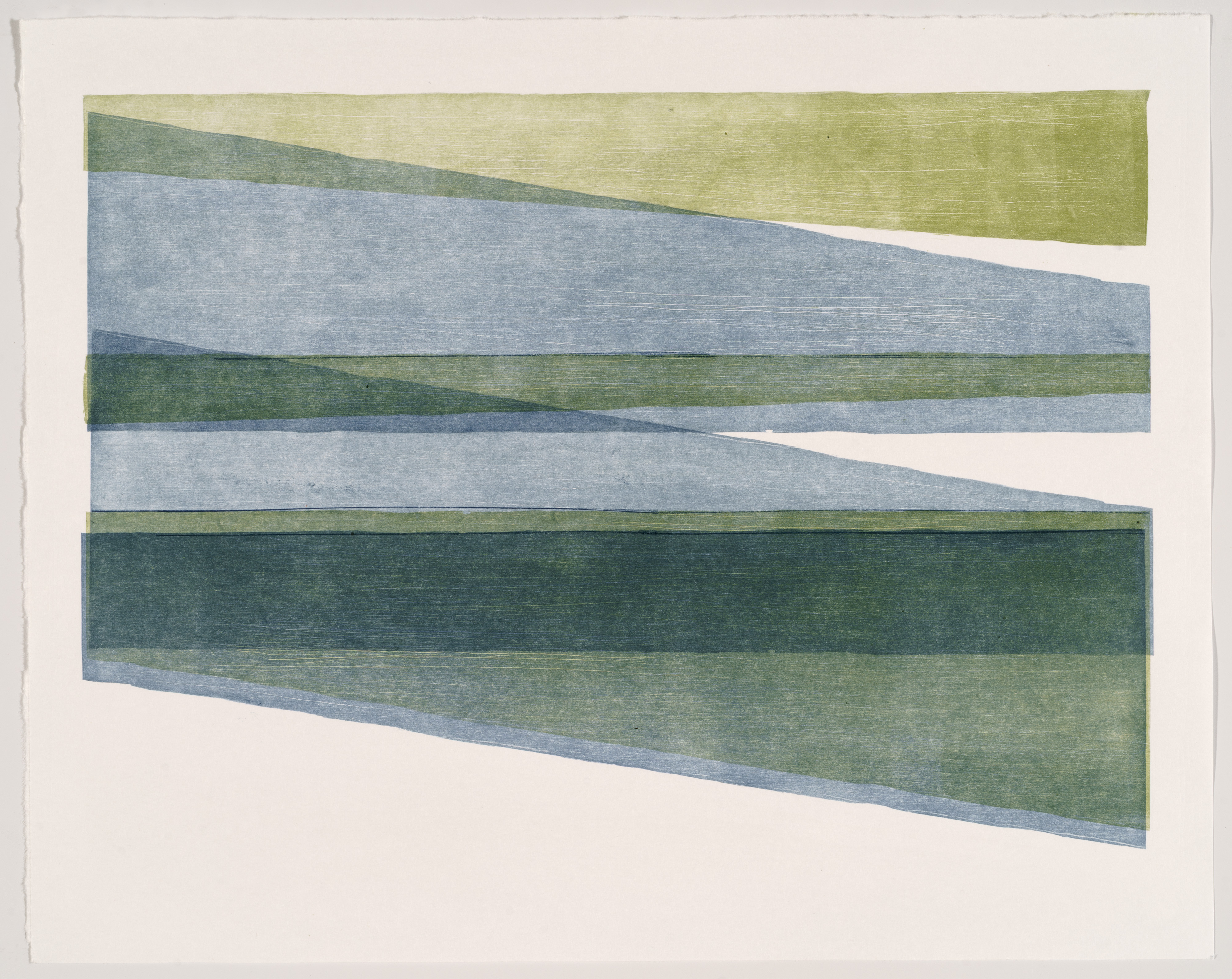 Horizontal abstract composition of overlapping rectangular bands in muted greens and blues, with irregular edges creating a sense of movement and depth against a cream background.