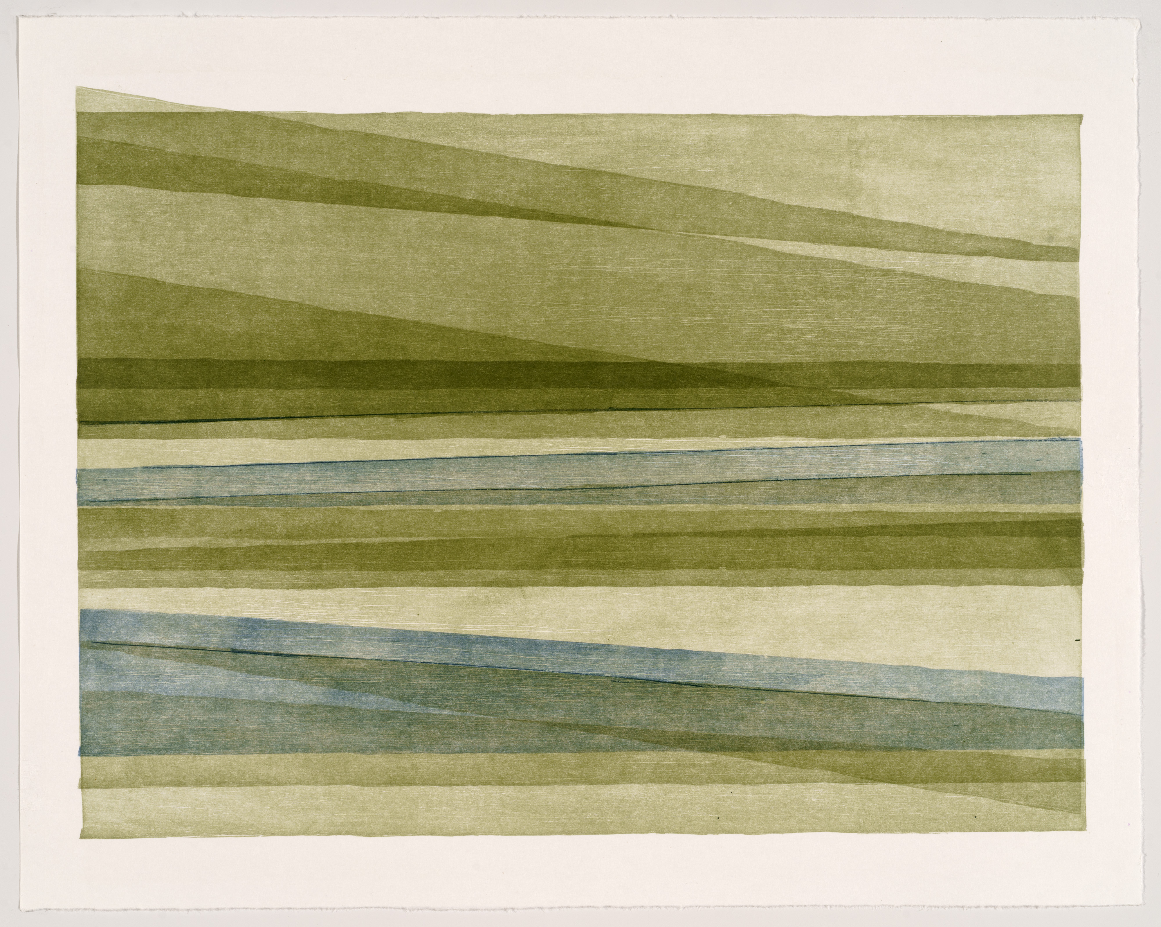 Horizontal composition of layered, gently curved bands in muted greens, blues, and cream tones, suggesting rolling landscape forms. The soft, organic striations create a sense of depth and movement across the pale paper surface.