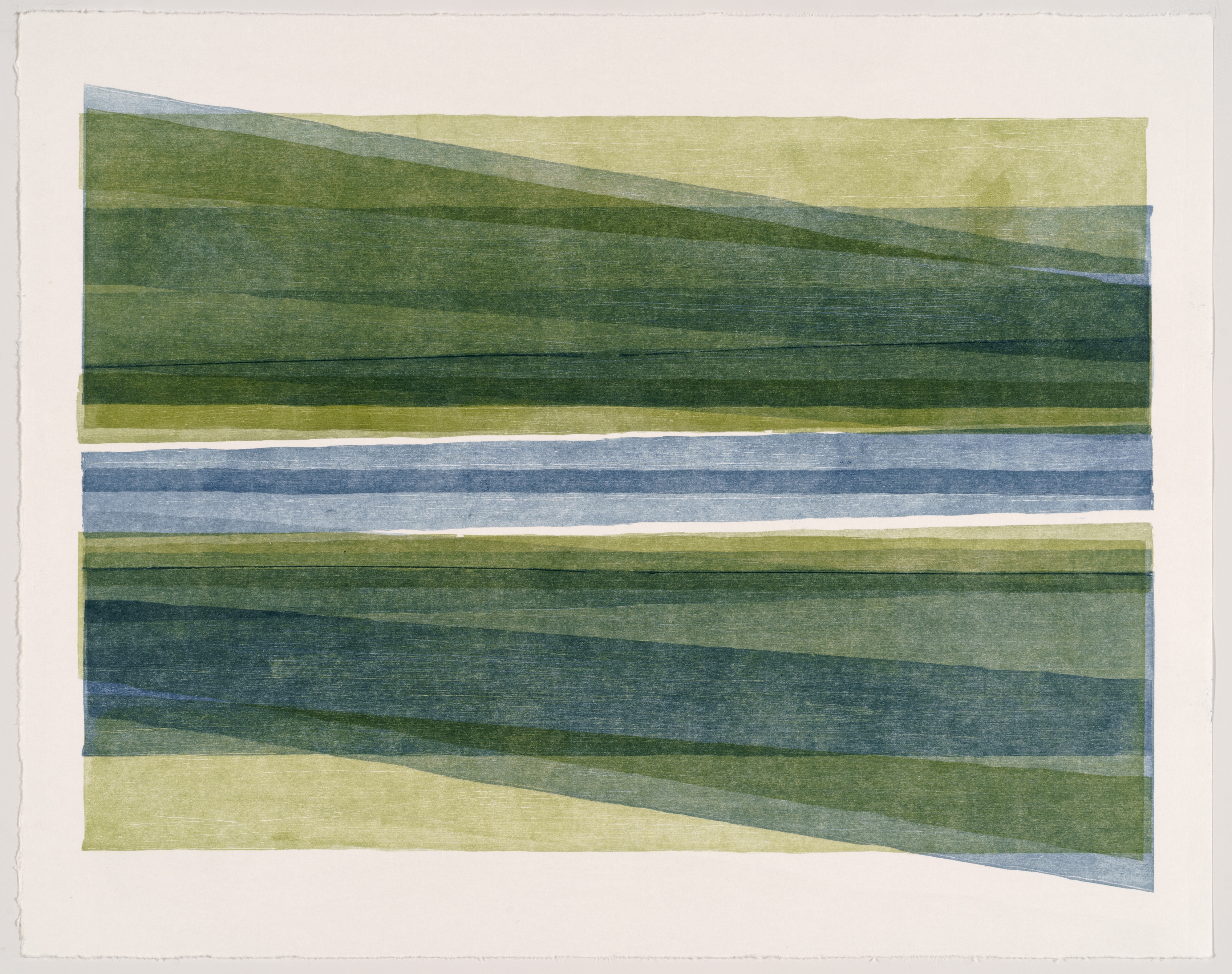 Abstract landscape composed of horizontal bands of overlapping colored strips in shades of green, blue, and yellow, with irregular diagonal edges creating a sense of depth and movement against a cream-colored background.