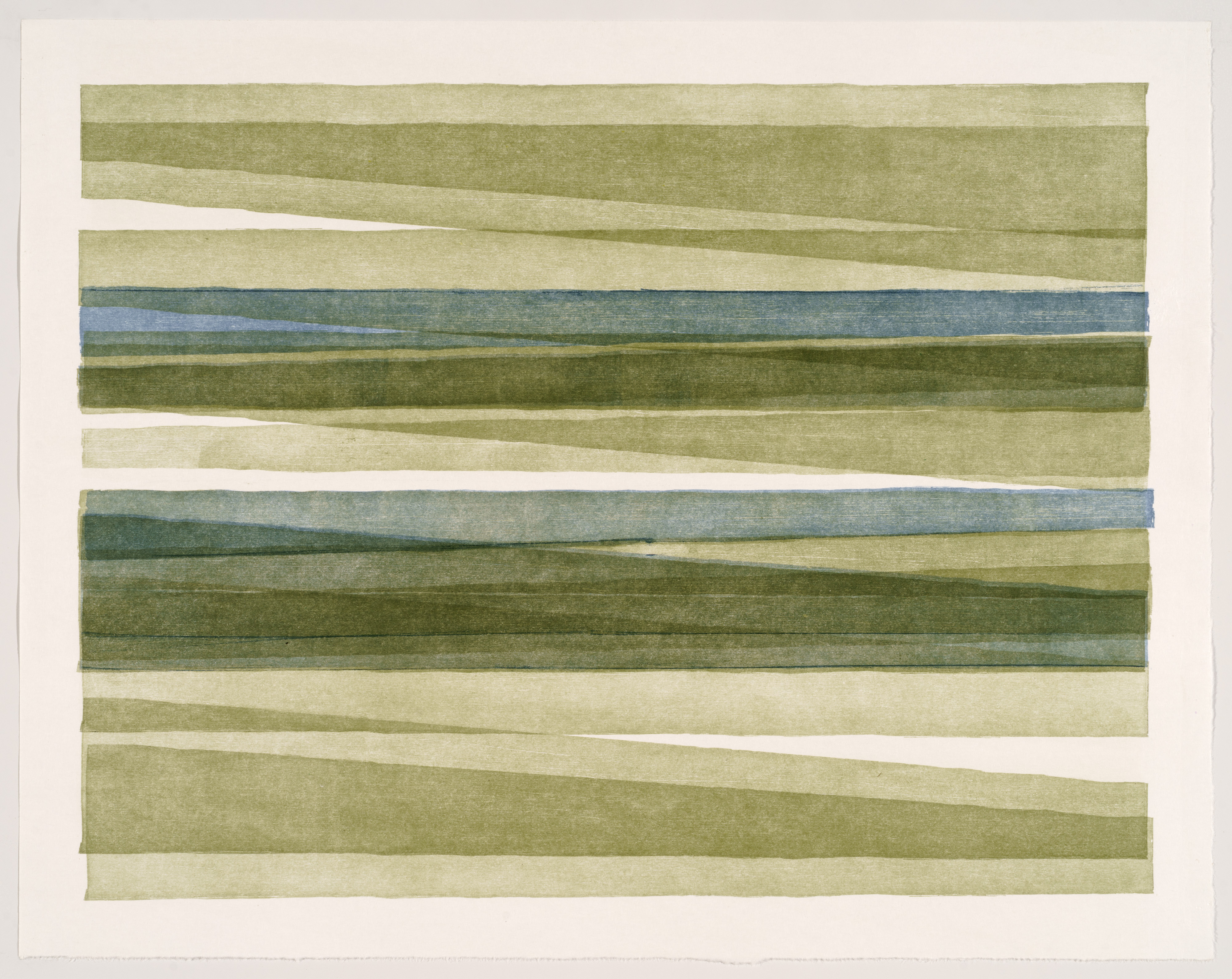 Horizontal composition of overlapping colored bands in shades of green, tan, and blue, creating a layered landscape-like effect with subtle shifts and white spaces between the strips.