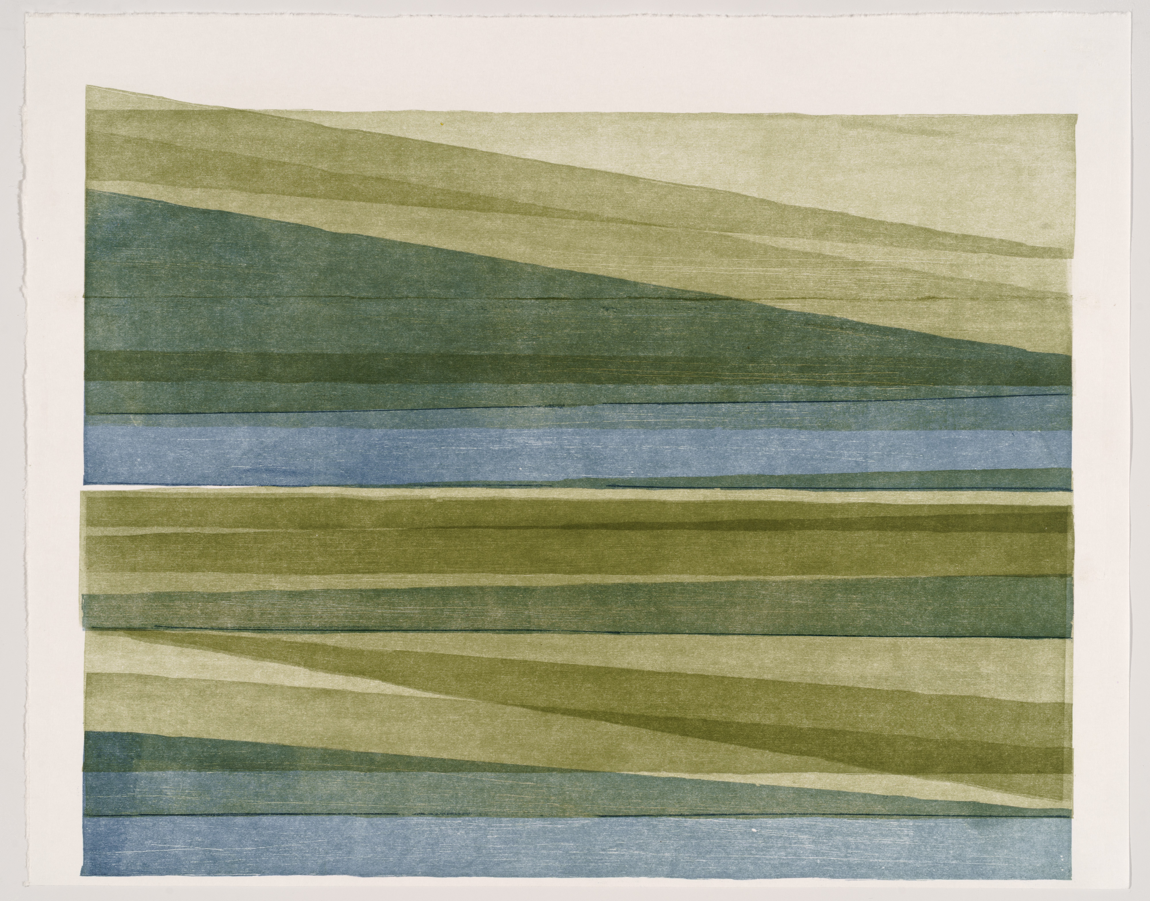 Abstract composition of horizontal layered bands in muted greens, yellows, and blues, with diagonal geometric shapes creating a sense of shifting planes and depth against a cream background.