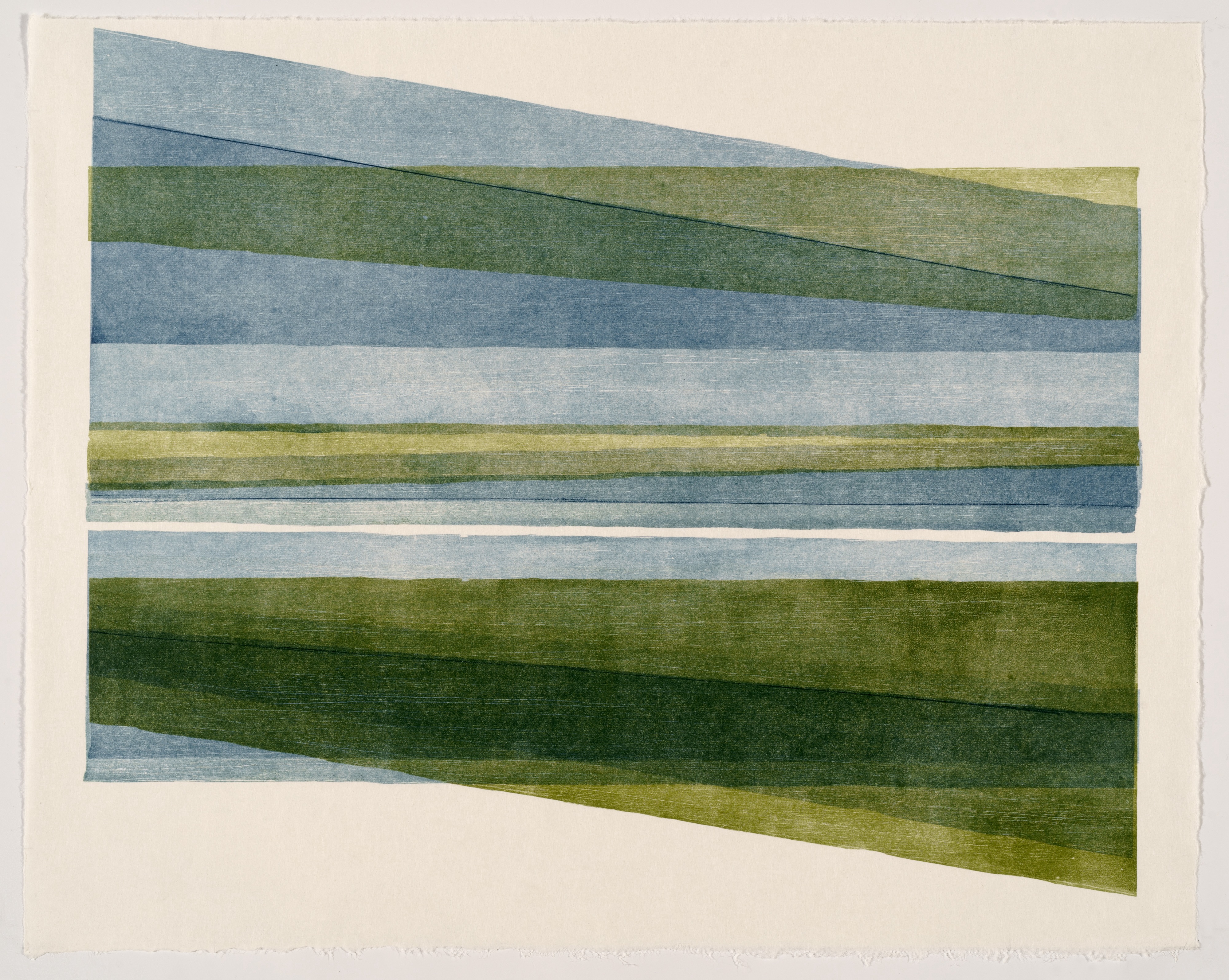 Horizontal bands of blue and green tones layered across a cream-colored paper, with the rectangular composition tilted at an angle. The stripes vary in width and intensity, creating a sense of movement and depth through subtle shifts in color and texture.