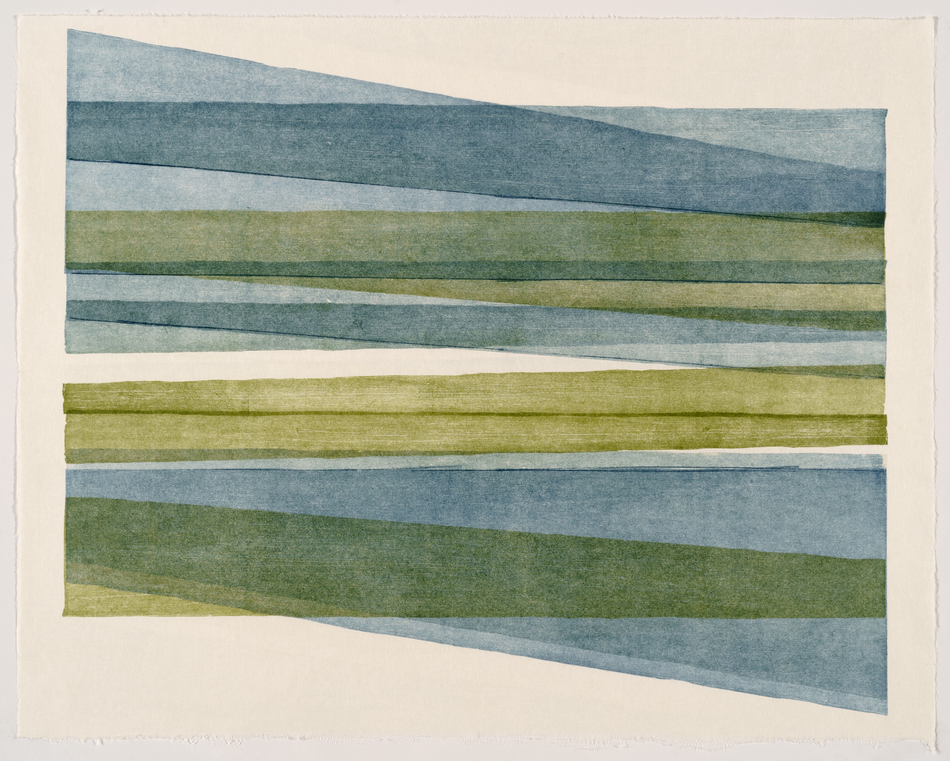 Horizontal bands of muted blue-green and olive tones arranged in a stacked composition, with irregular edges and slight overlaps creating a sense of movement and depth against a cream-colored background.